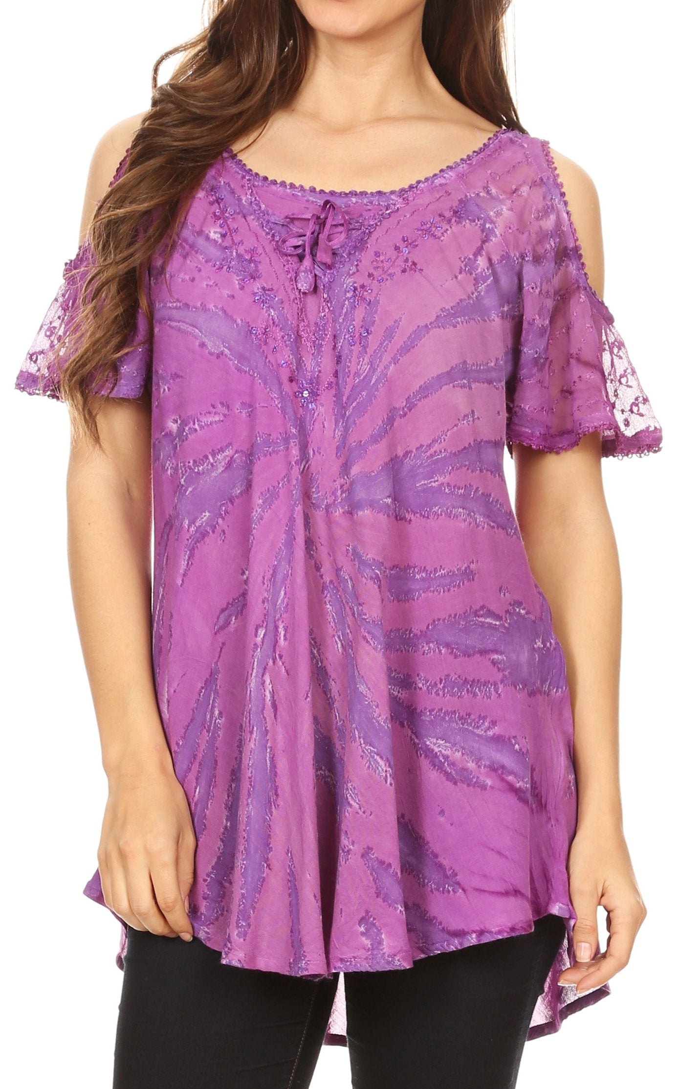 Sakkas - Filipa Cold Shoulder Top Blouse Tie-dye with Corset and Embroidery