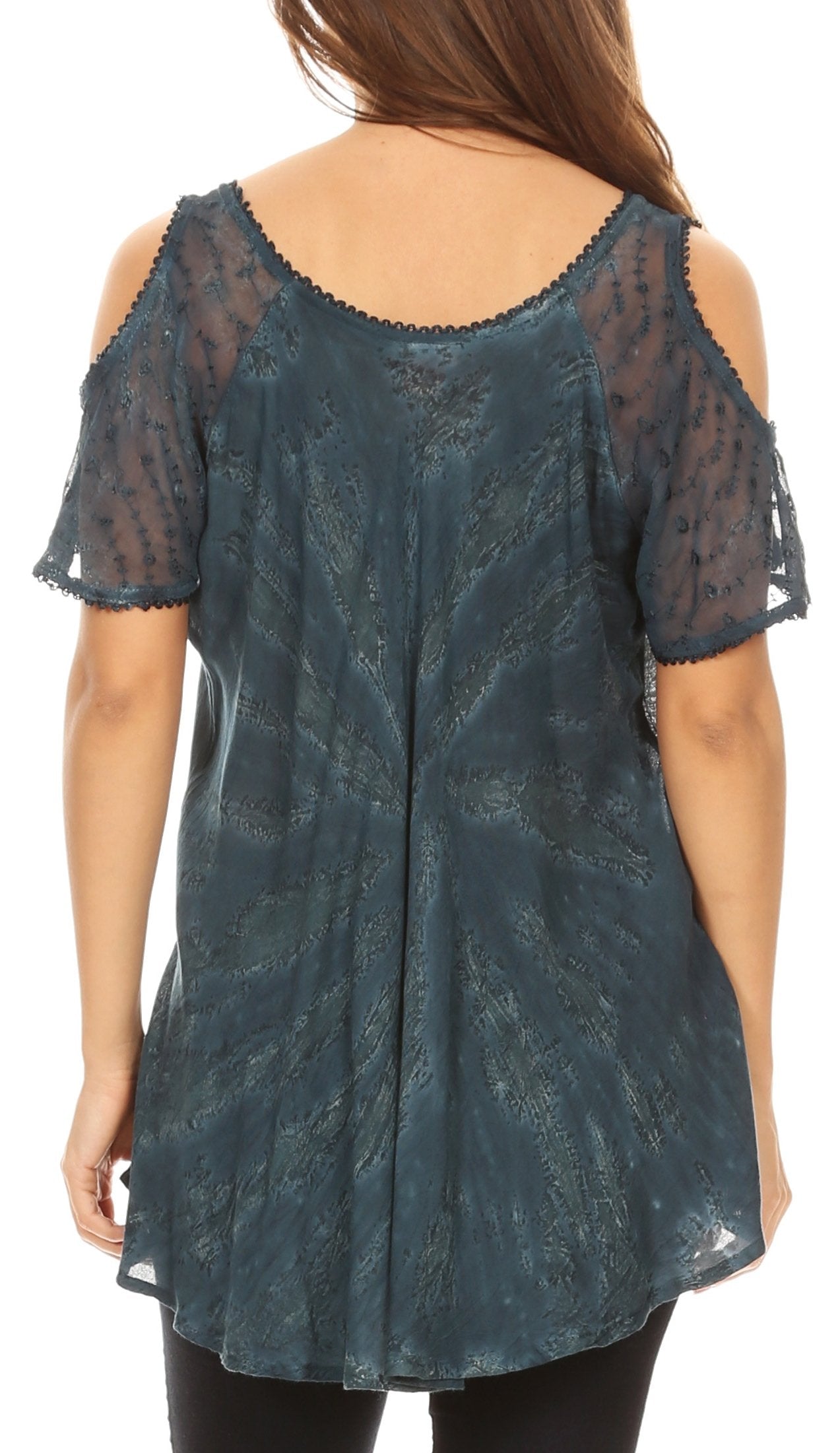 Sakkas - Filipa Cold Shoulder Top Blouse Tie-dye with Corset and Embroidery