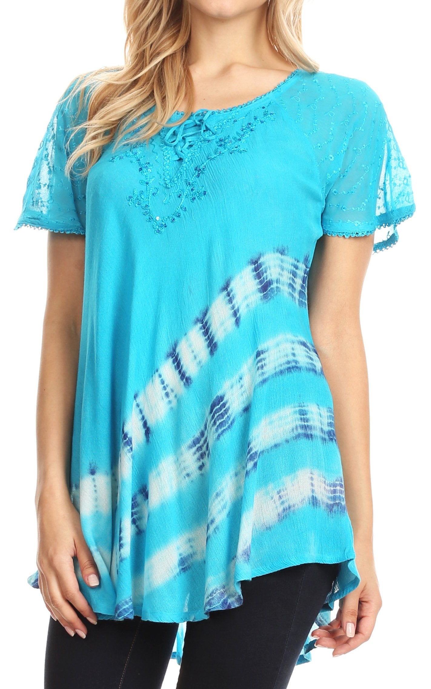 Sakkas - Lulu Short Sleeve Fresh Blouse Top Lace Tie-dye and Corset