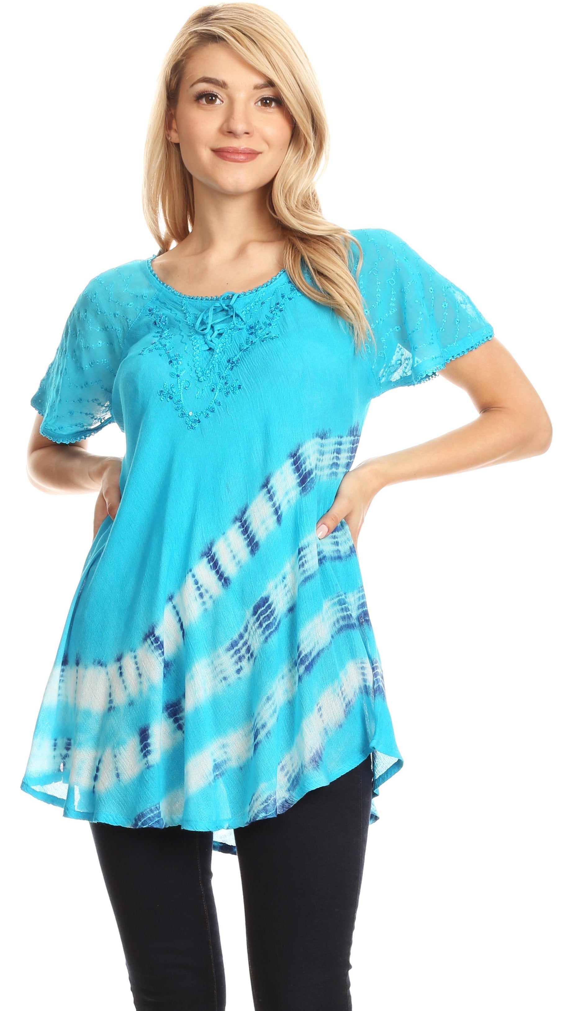 Sakkas - Lulu Short Sleeve Fresh Blouse Top Lace Tie-dye and Corset