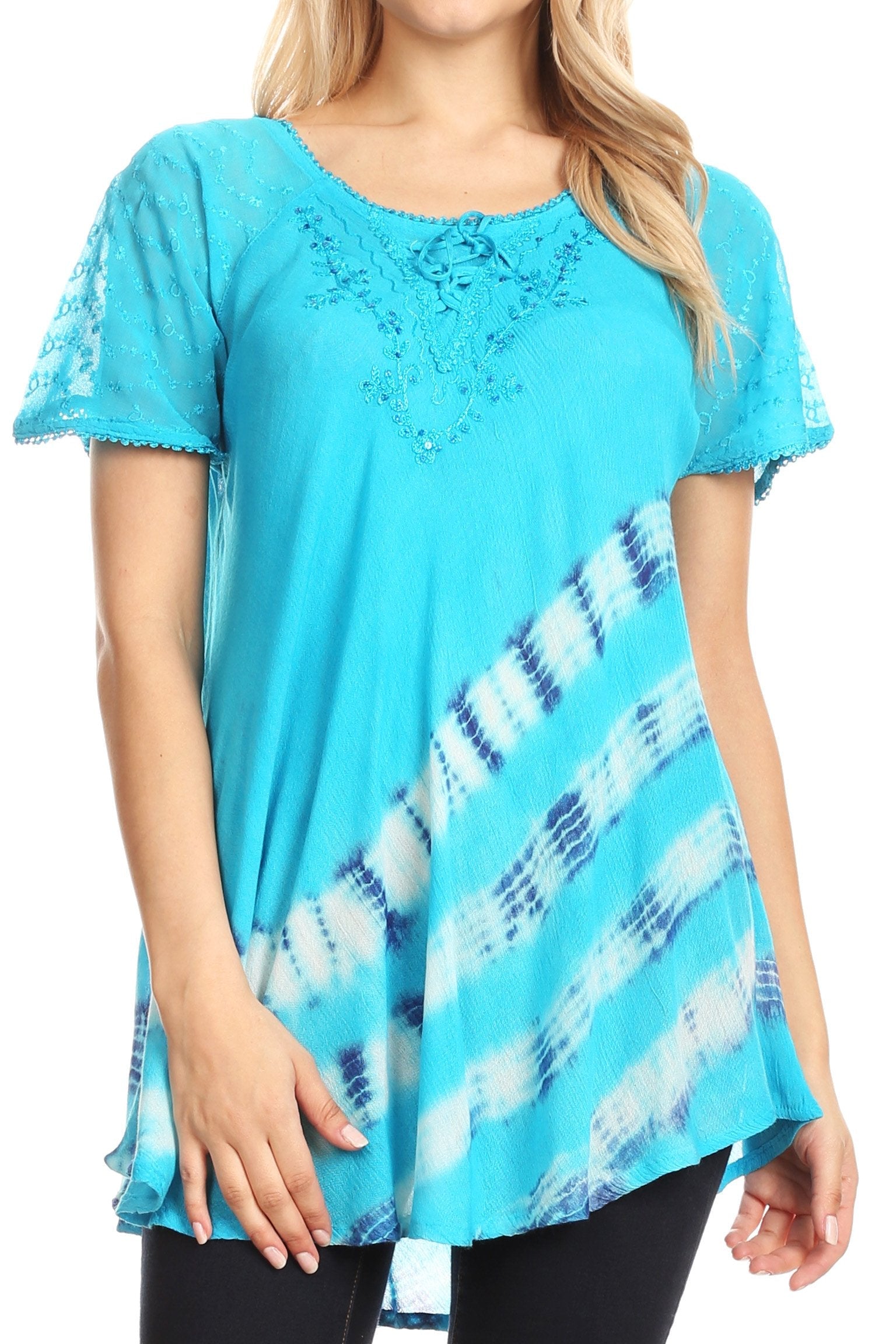 Sakkas - Lulu Short Sleeve Fresh Blouse Top Lace Tie-dye and Corset