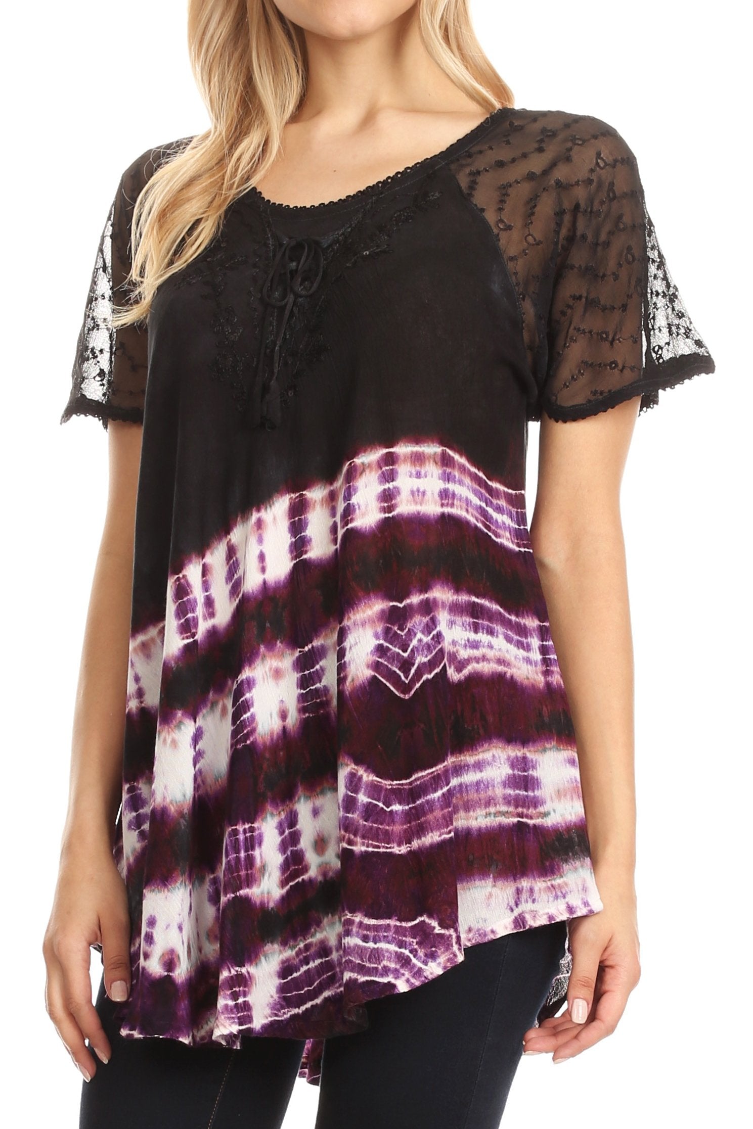 Sakkas - Lulu Short Sleeve Fresh Blouse Top Lace Tie-dye and Corset