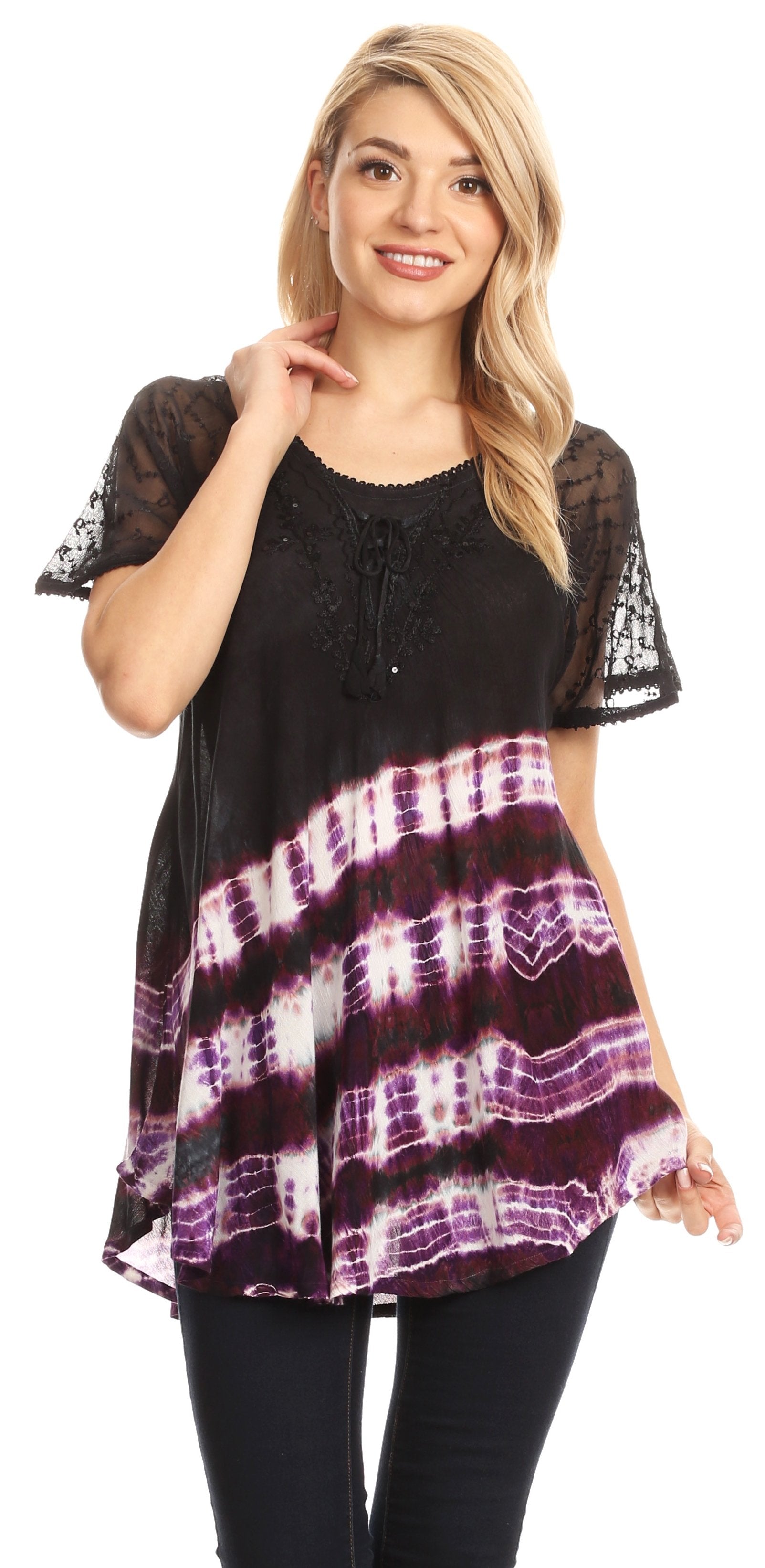 Sakkas - Lulu Short Sleeve Fresh Blouse Top Lace Tie-dye and Corset