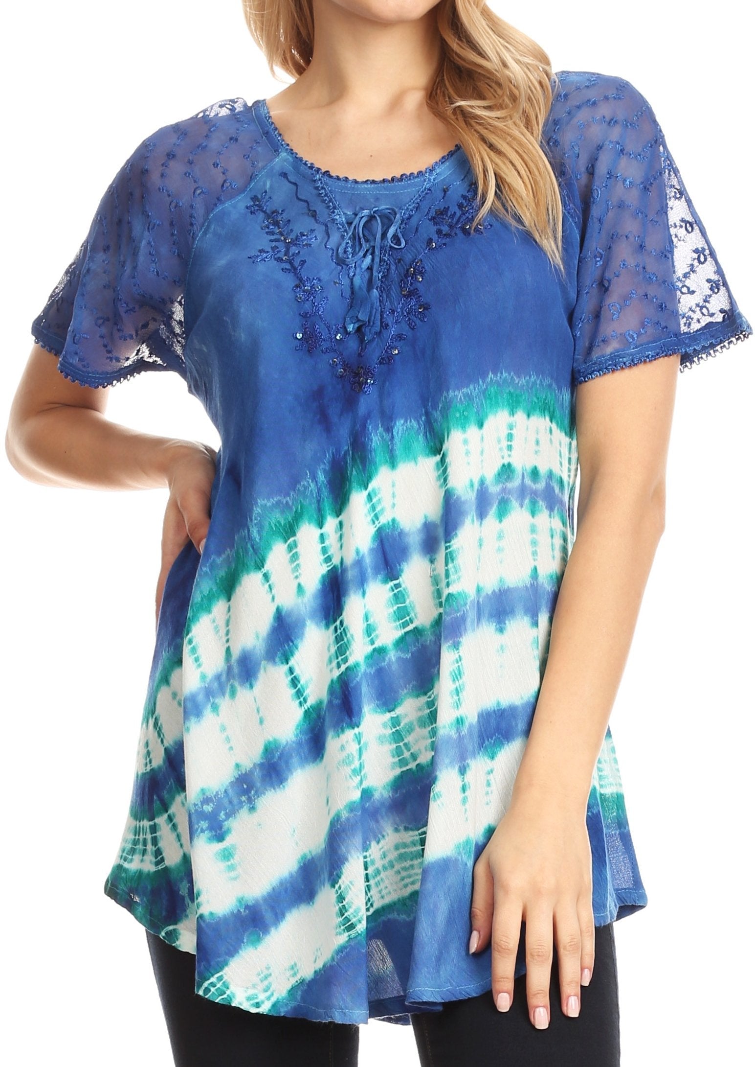 Sakkas - Lulu Short Sleeve Fresh Blouse Top Lace Tie-dye and Corset