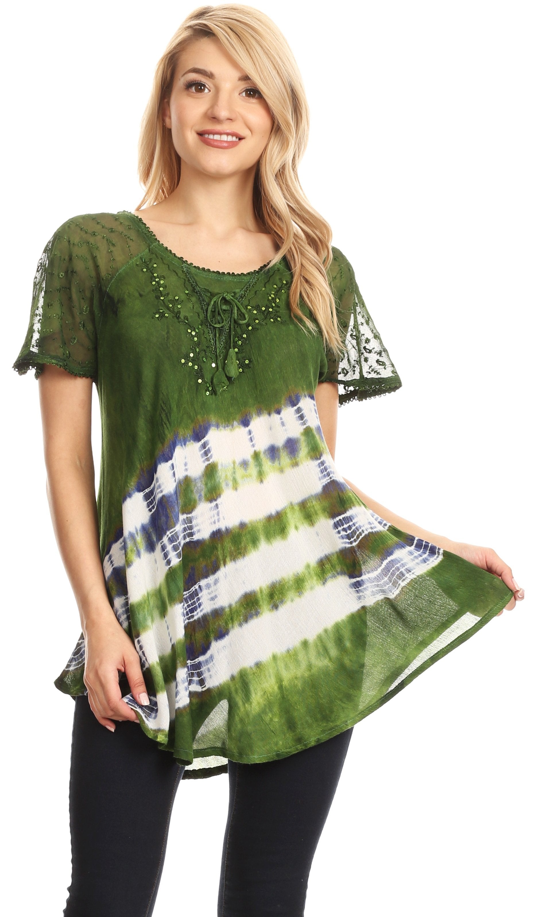 Sakkas - Lulu Short Sleeve Fresh Blouse Top Lace Tie-dye and Corset