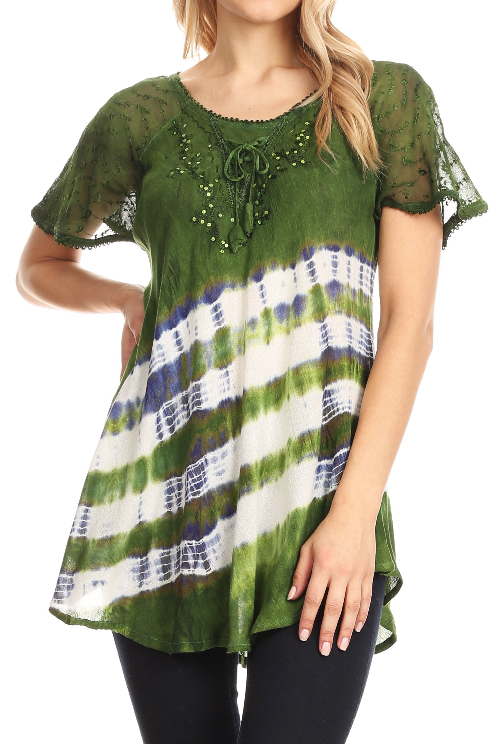 Sakkas - Lulu Short Sleeve Fresh Blouse Top Lace Tie-dye and Corset