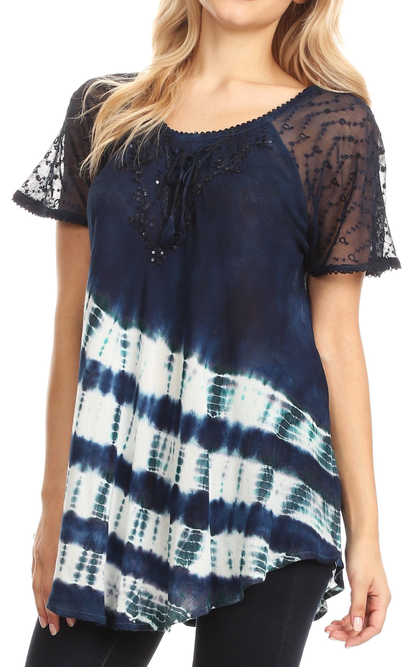 Sakkas - Lulu Short Sleeve Fresh Blouse Top Lace Tie-dye and Corset