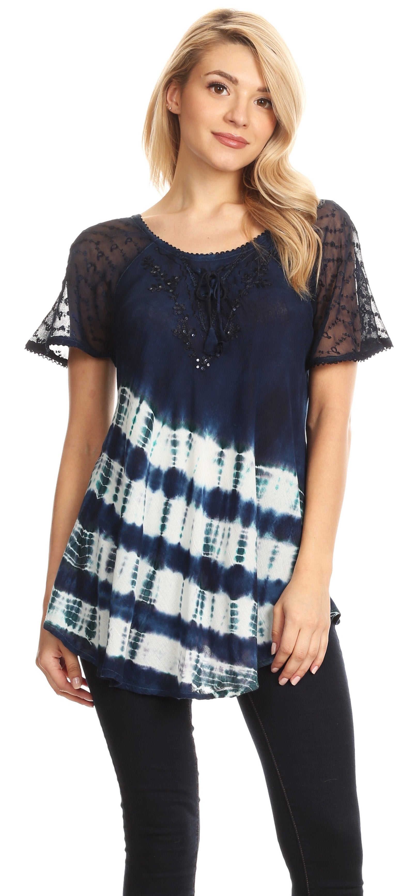 Sakkas - Lulu Short Sleeve Fresh Blouse Top Lace Tie-dye and Corset
