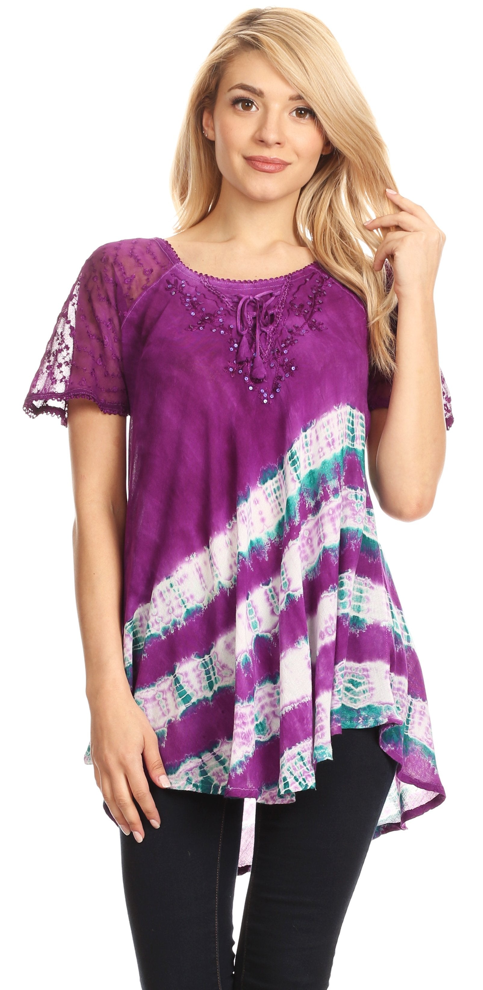 Sakkas - Lulu Short Sleeve Fresh Blouse Top Lace Tie-dye and Corset