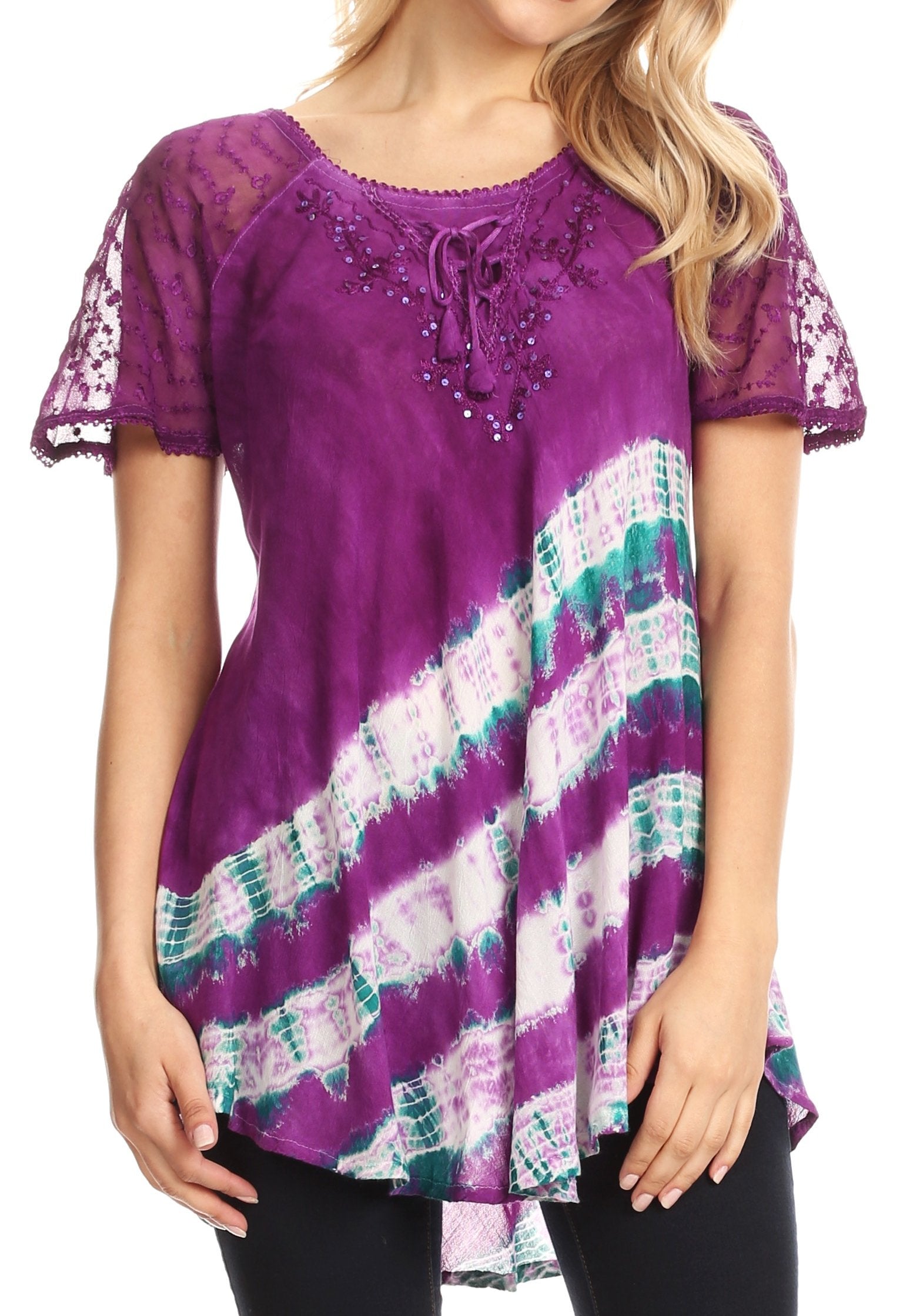 Sakkas - Lulu Short Sleeve Fresh Blouse Top Lace Tie-dye and Corset