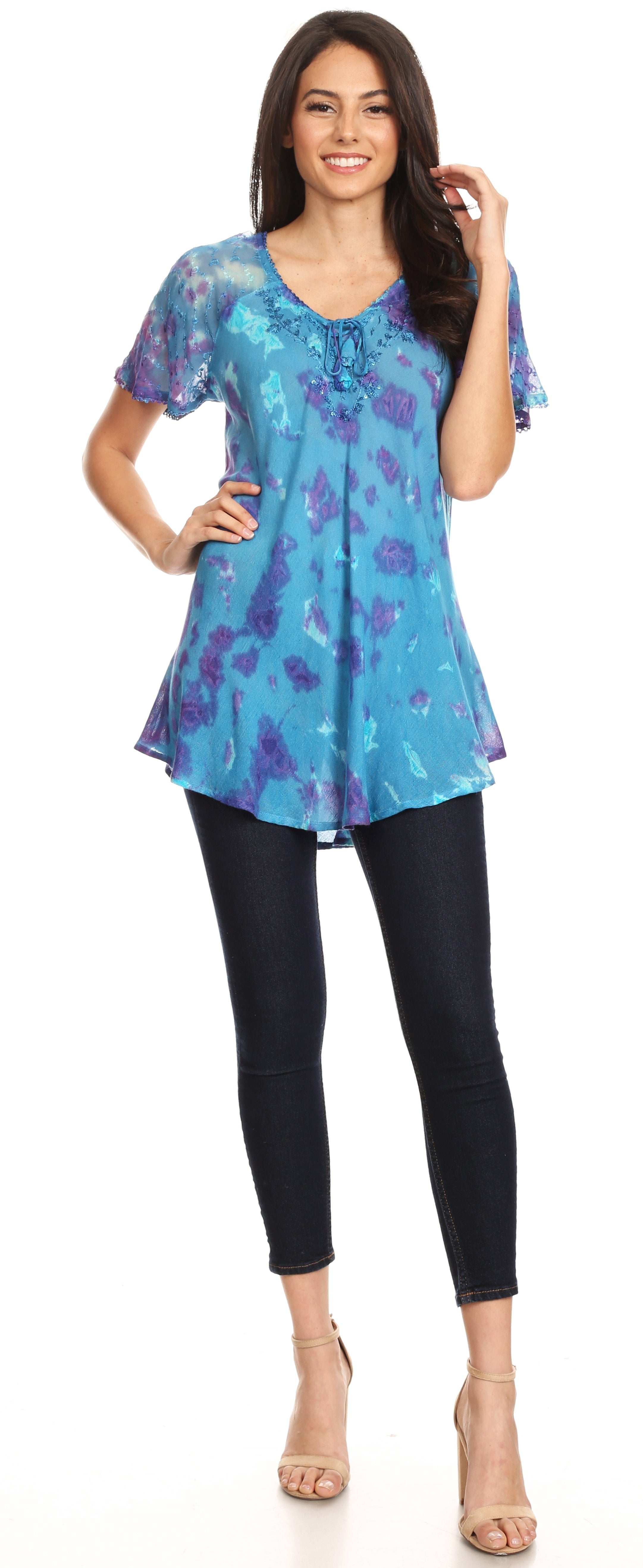 Sakkas - Allegra Short Sleeve Loose Fit Casual Tie Dye Blouse Tunic Shirt