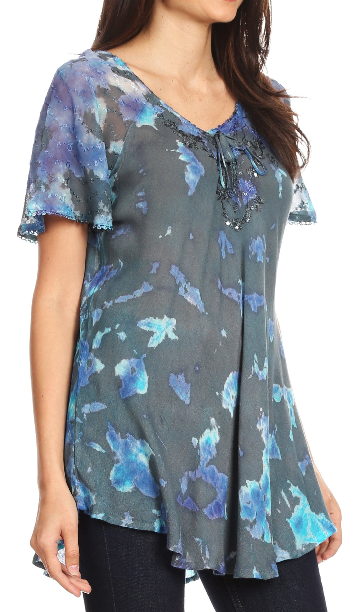 Sakkas - Allegra Short Sleeve Loose Fit Casual Tie Dye Blouse Tunic Shirt