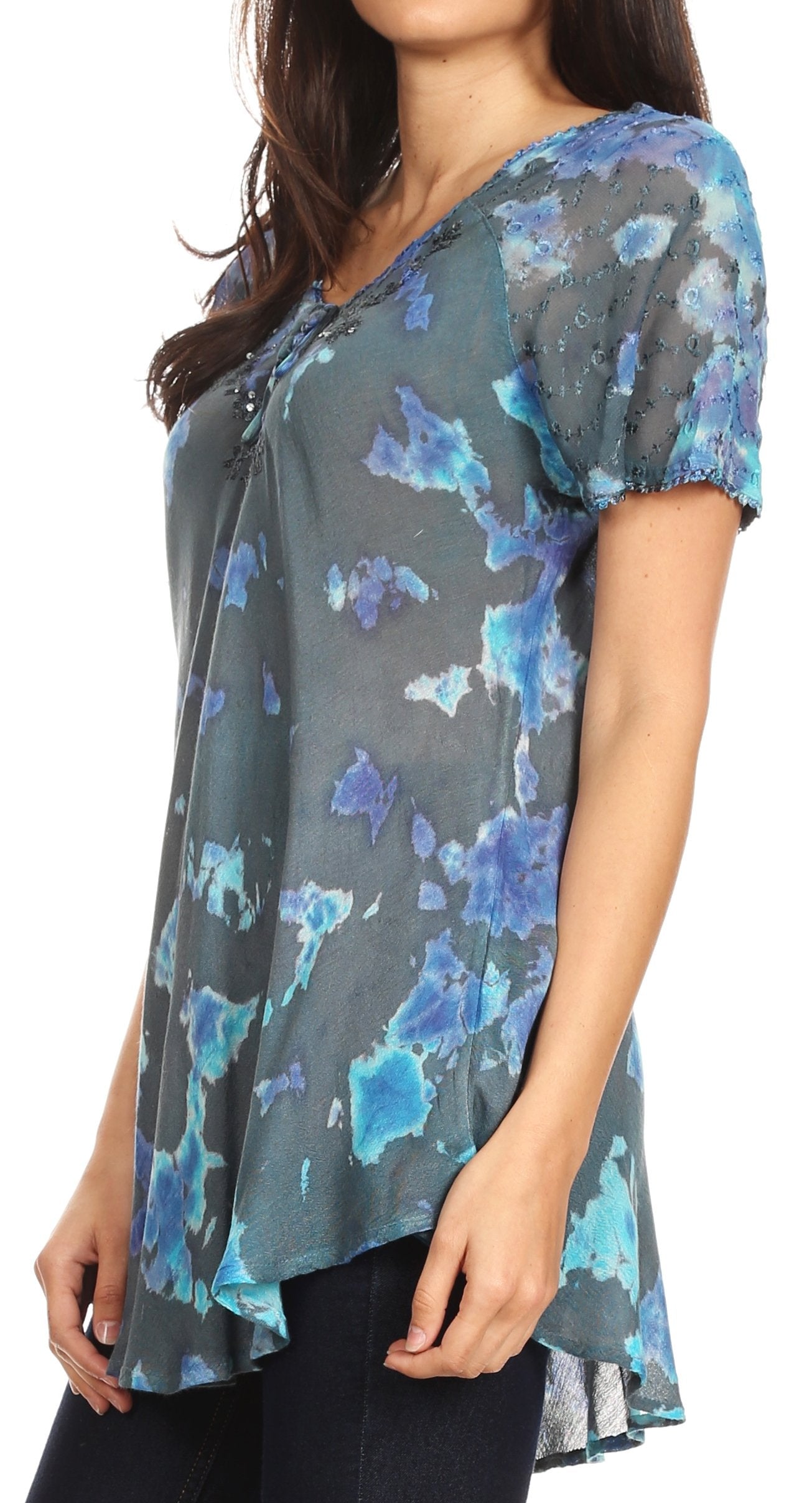 Sakkas - Allegra Short Sleeve Loose Fit Casual Tie Dye Blouse Tunic Shirt