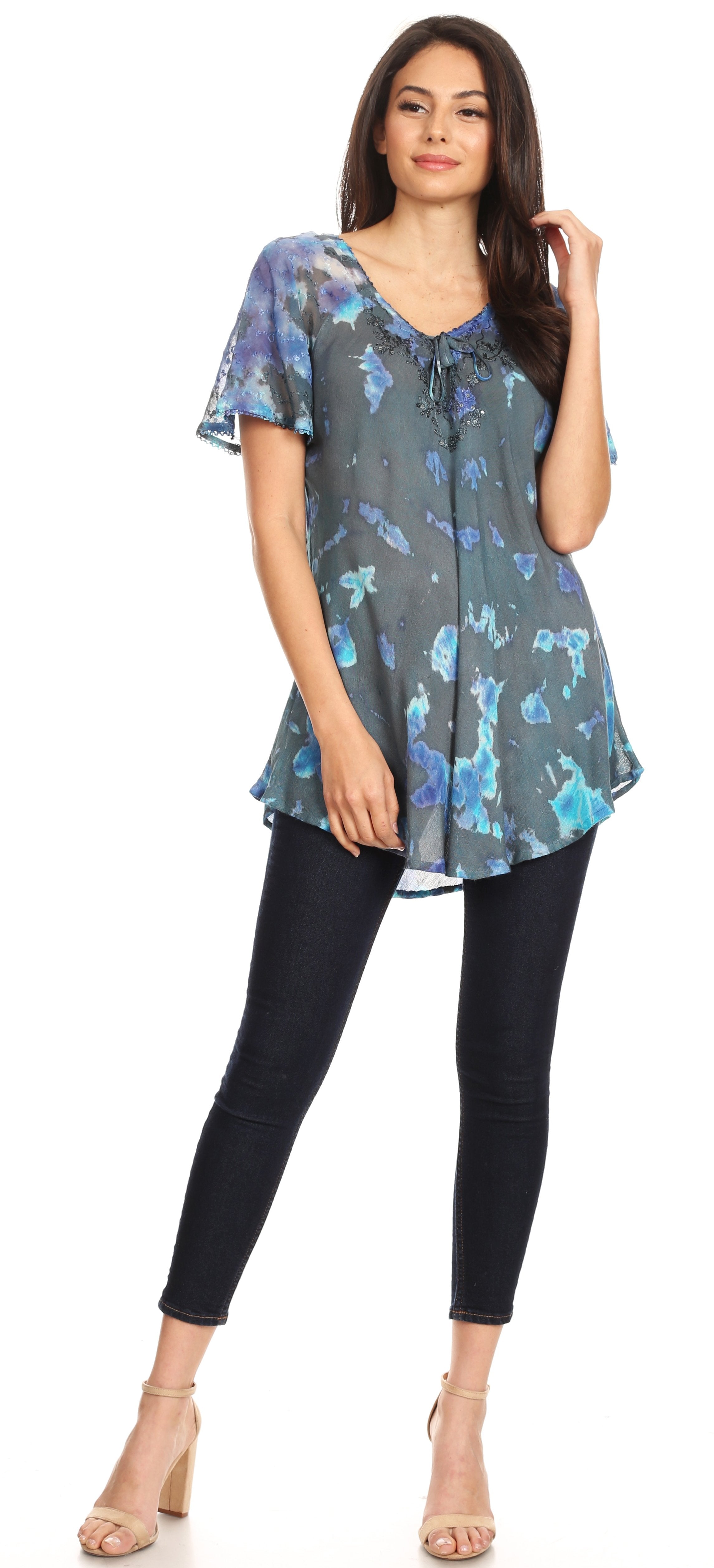 Sakkas - Allegra Short Sleeve Loose Fit Casual Tie Dye Blouse Tunic Shirt