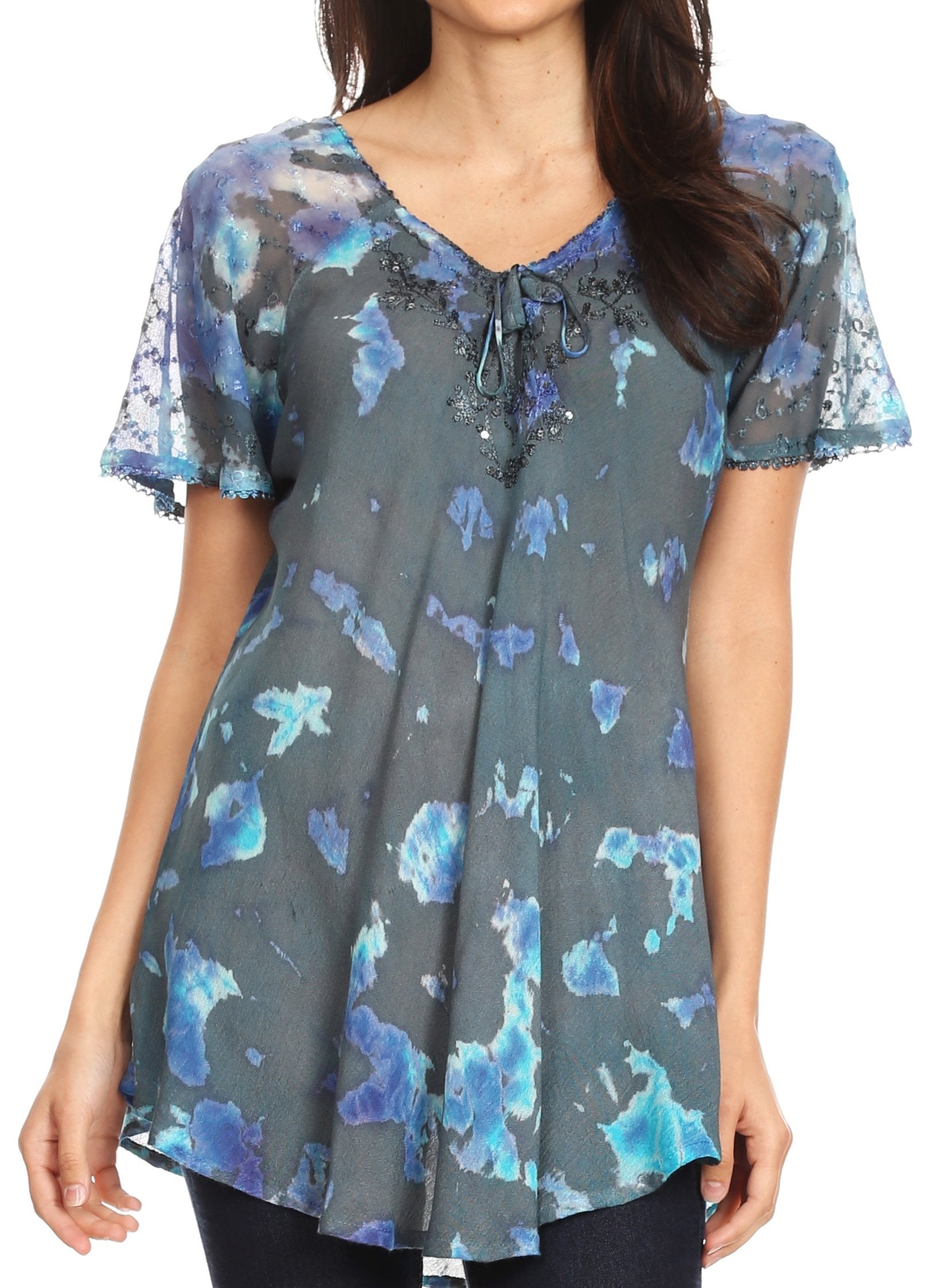 Sakkas - Allegra Short Sleeve Loose Fit Casual Tie Dye Blouse Tunic Shirt