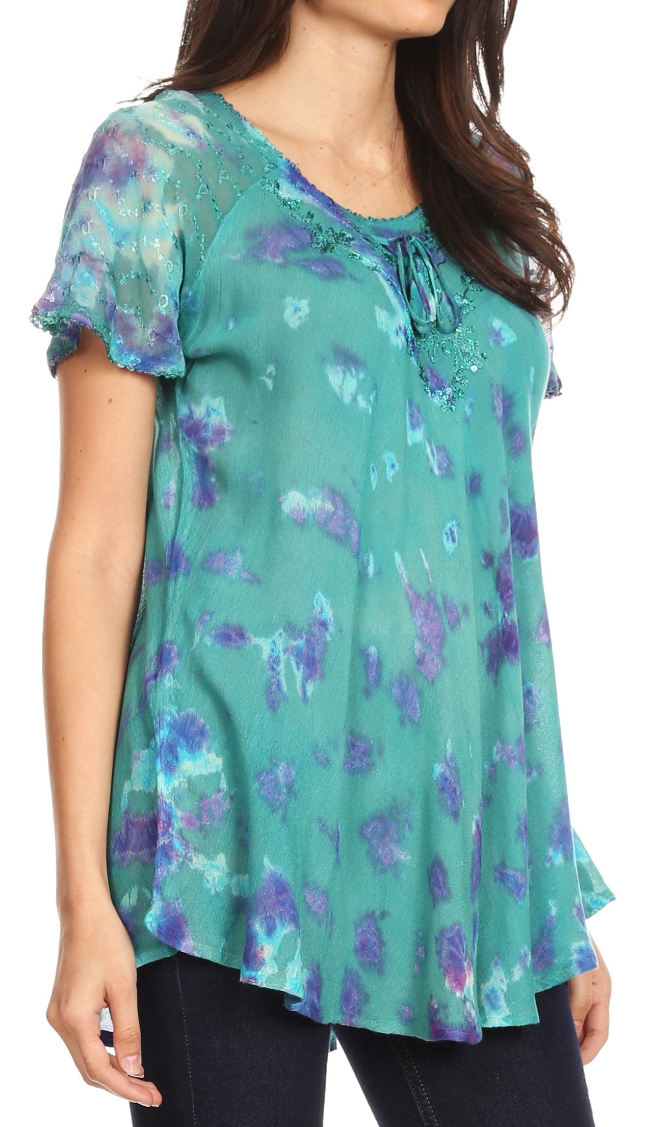 Sakkas - Allegra Short Sleeve Loose Fit Casual Tie Dye Blouse Tunic Shirt