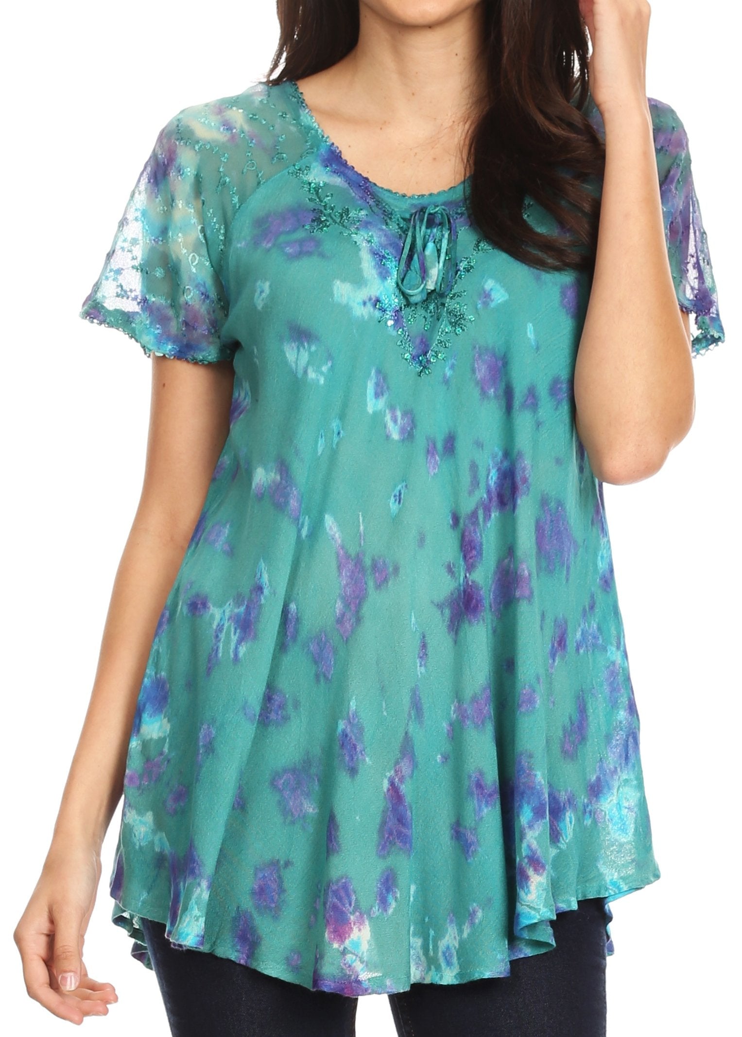 Sakkas - Allegra Short Sleeve Loose Fit Casual Tie Dye Blouse Tunic Shirt