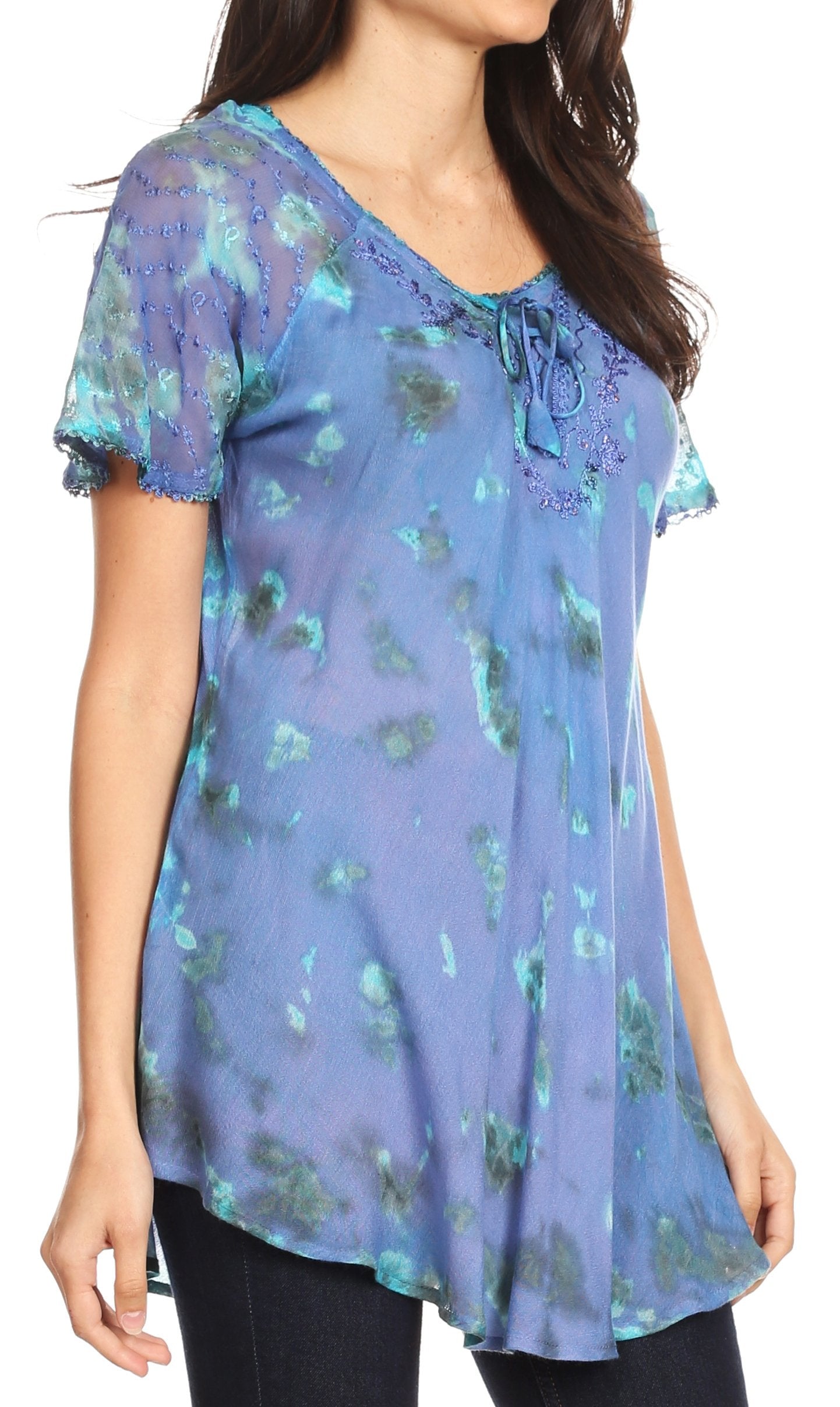 Sakkas - Allegra Short Sleeve Loose Fit Casual Tie Dye Blouse Tunic Shirt