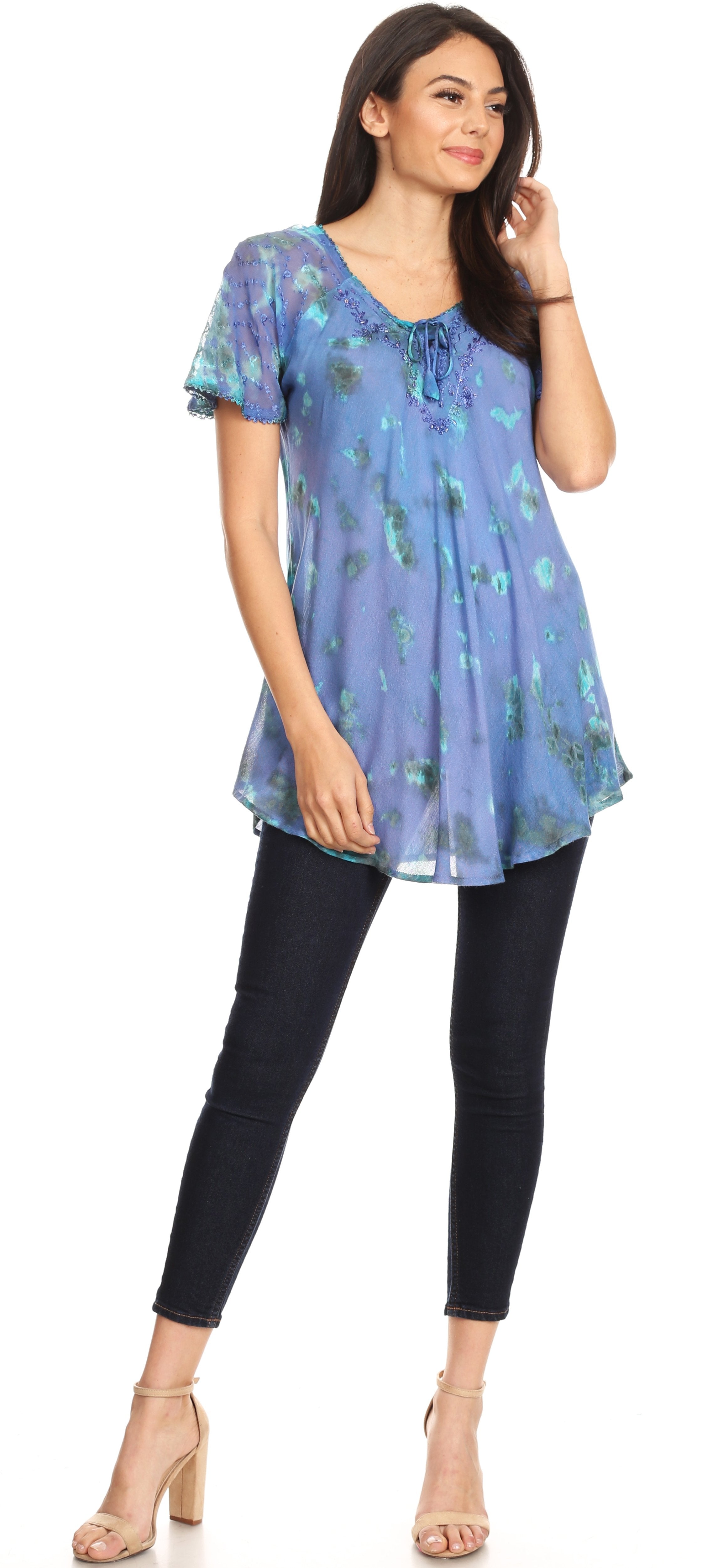 Sakkas - Allegra Short Sleeve Loose Fit Casual Tie Dye Blouse Tunic Shirt