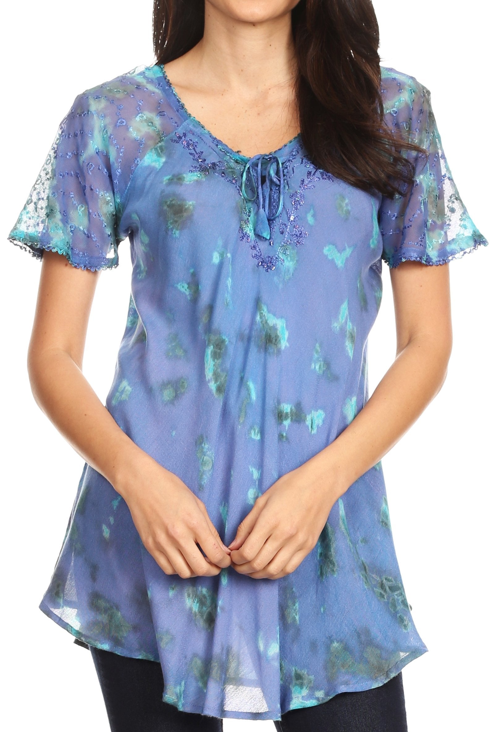 Sakkas - Allegra Short Sleeve Loose Fit Casual Tie Dye Blouse Tunic Shirt
