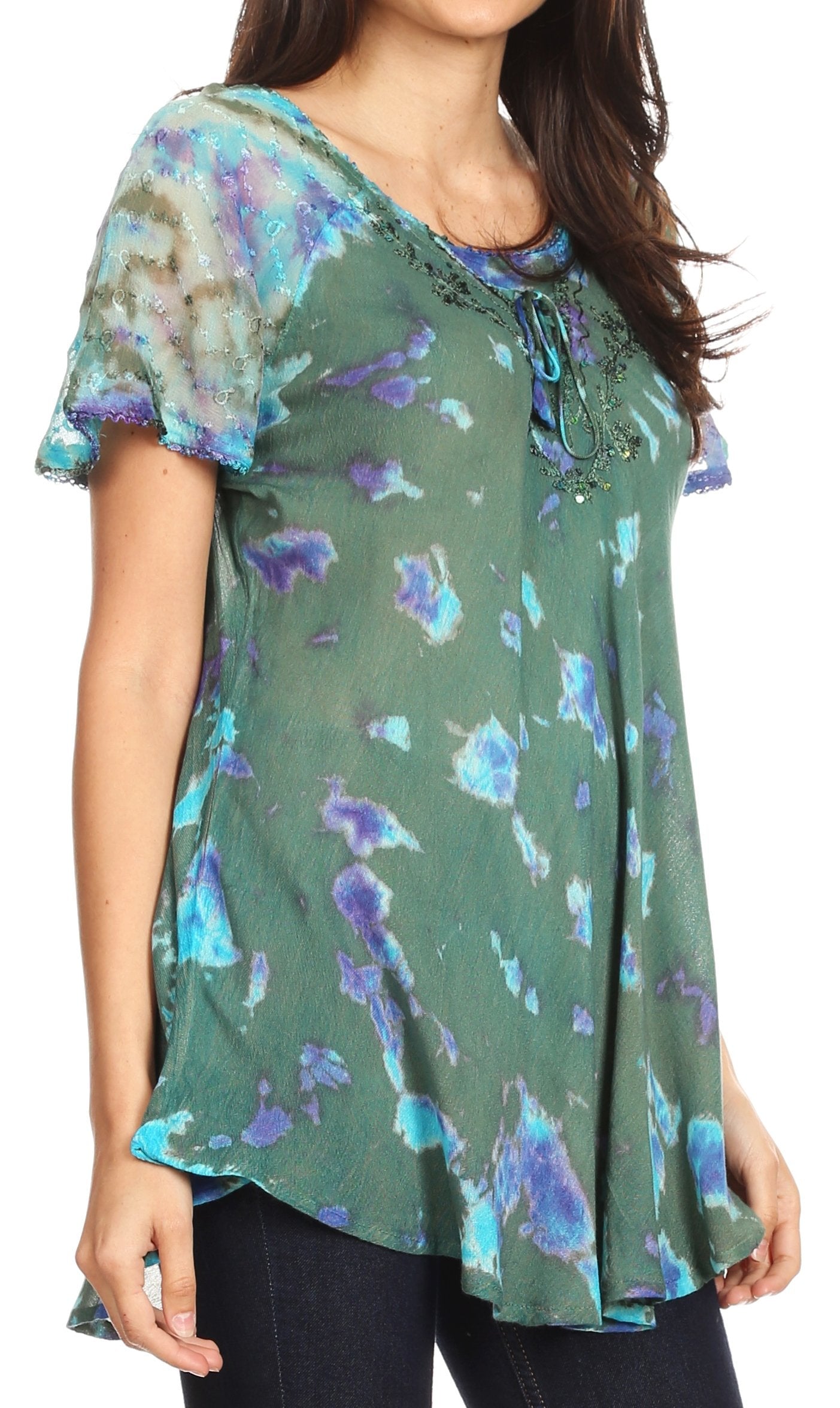 Sakkas - Allegra Short Sleeve Loose Fit Casual Tie Dye Blouse Tunic Shirt