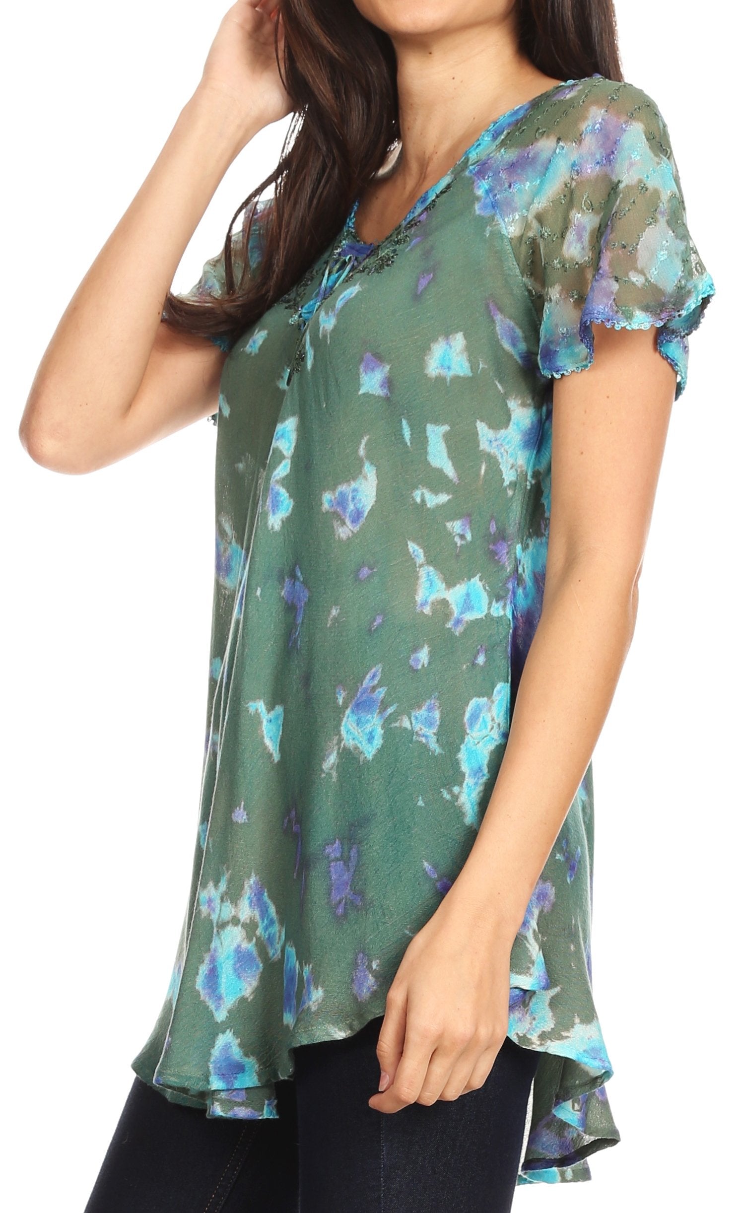 Sakkas - Allegra Short Sleeve Loose Fit Casual Tie Dye Blouse Tunic Shirt