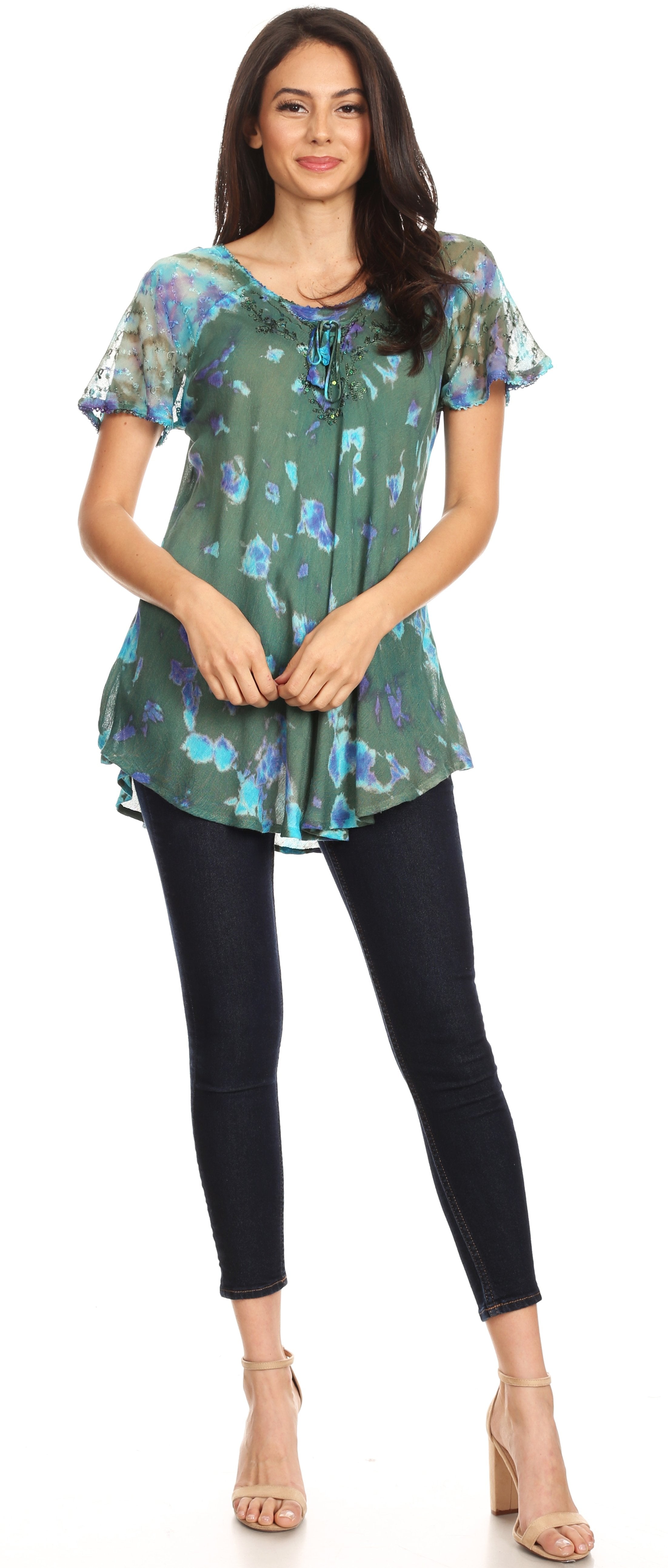 Sakkas - Allegra Short Sleeve Loose Fit Casual Tie Dye Blouse Tunic Shirt
