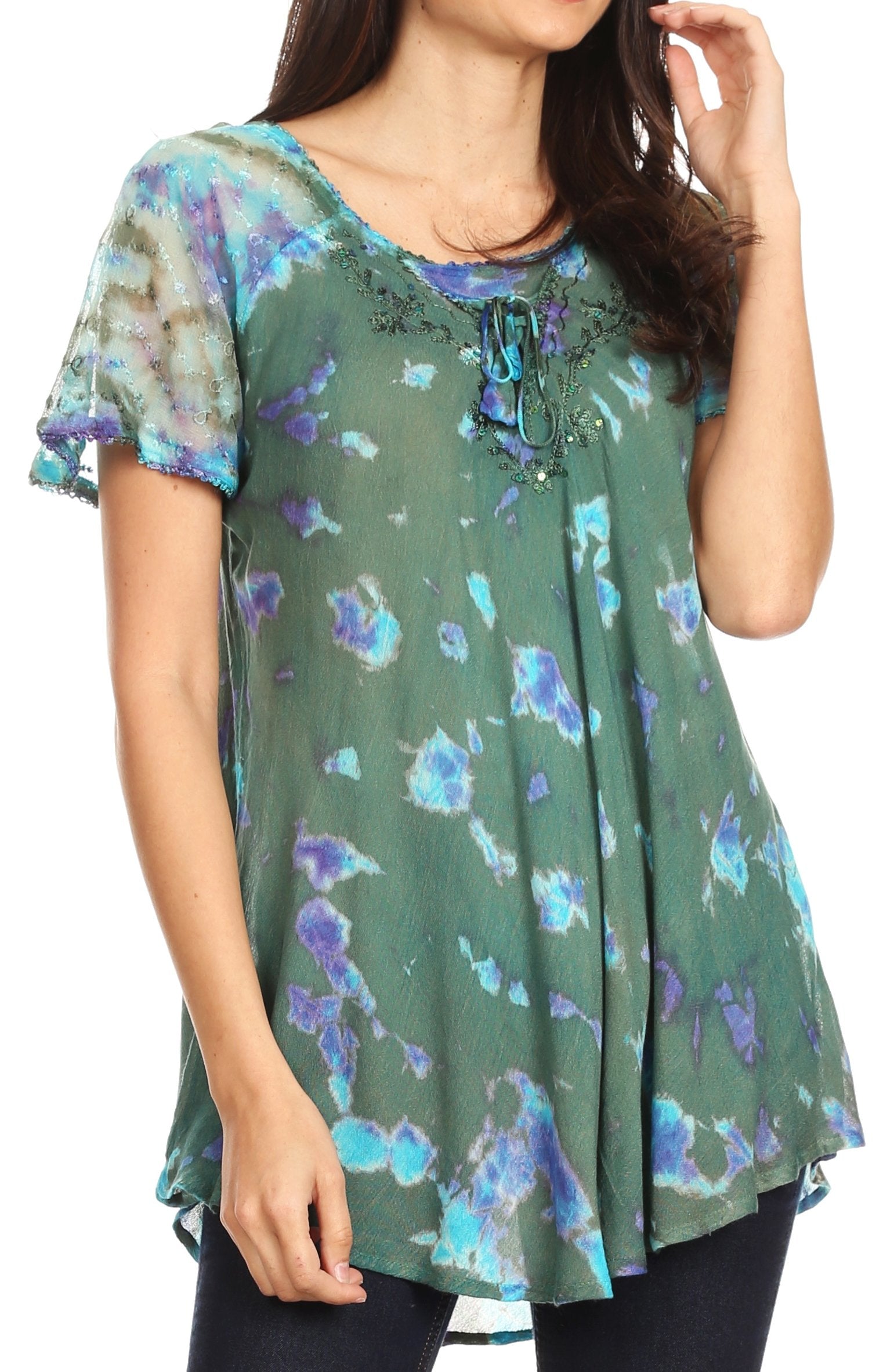 Sakkas - Allegra Short Sleeve Loose Fit Casual Tie Dye Blouse Tunic Shirt