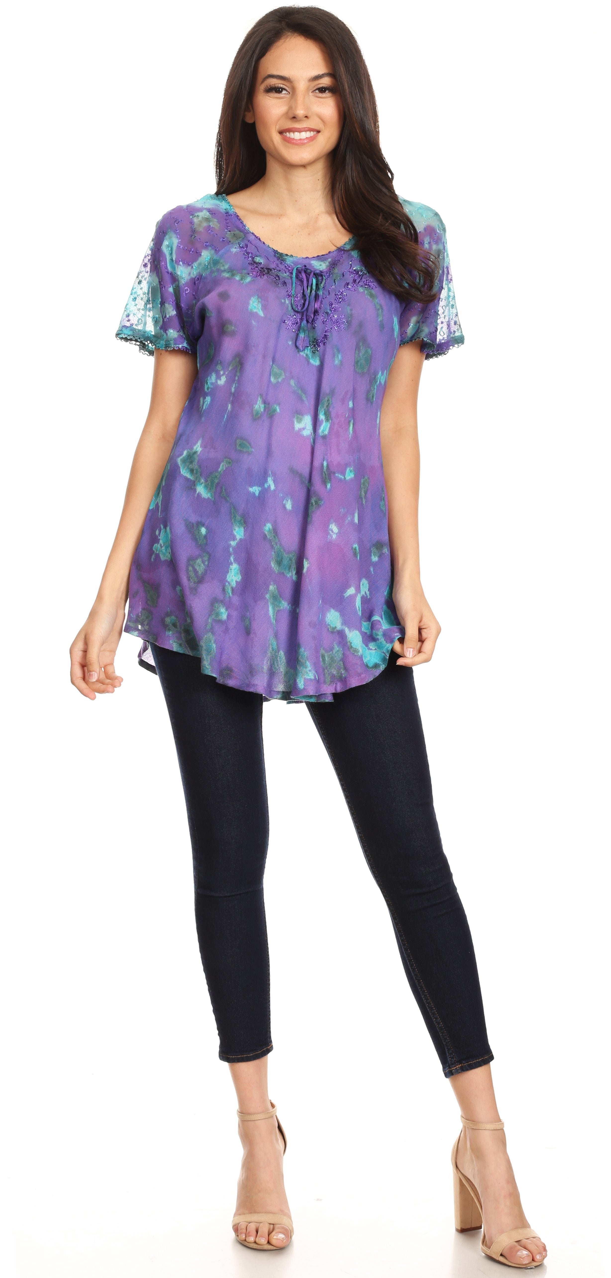 Sakkas - Allegra Short Sleeve Loose Fit Casual Tie Dye Blouse Tunic Shirt
