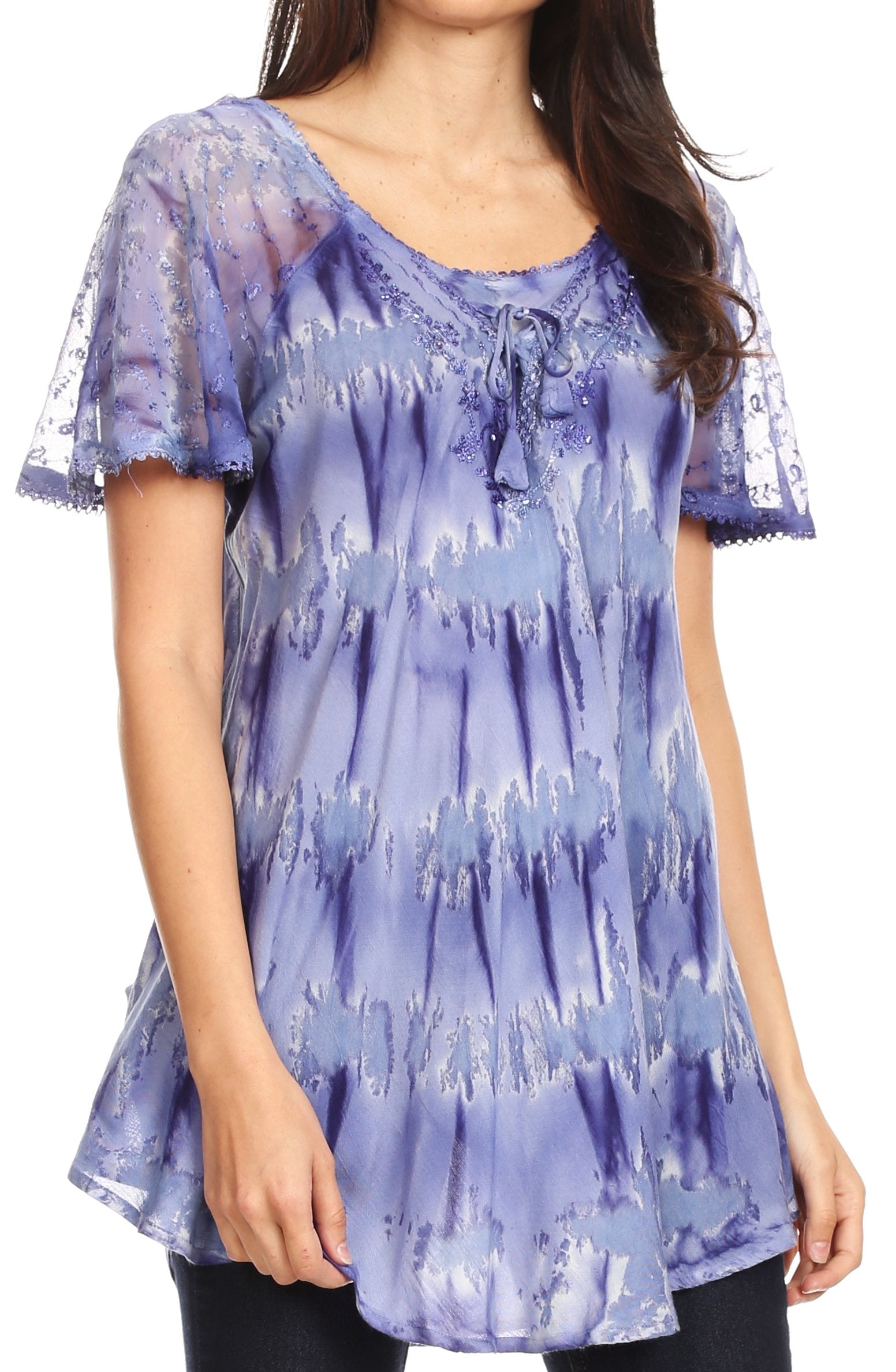 Sakkas - Allegra Short Sleeve Loose Fit Casual Tie Dye Blouse Tunic Shirt