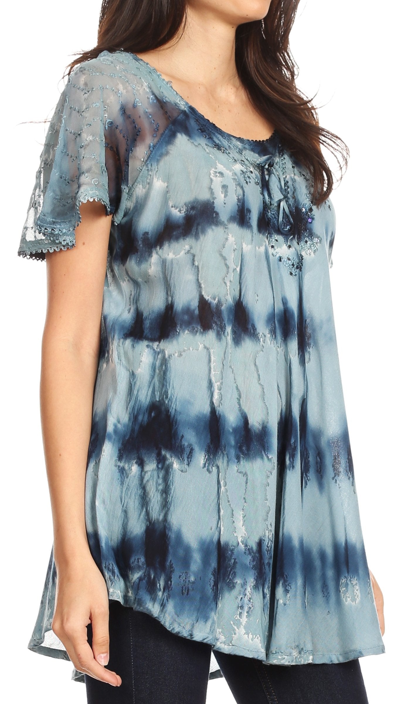 Sakkas - Allegra Short Sleeve Loose Fit Casual Tie Dye Blouse Tunic Shirt