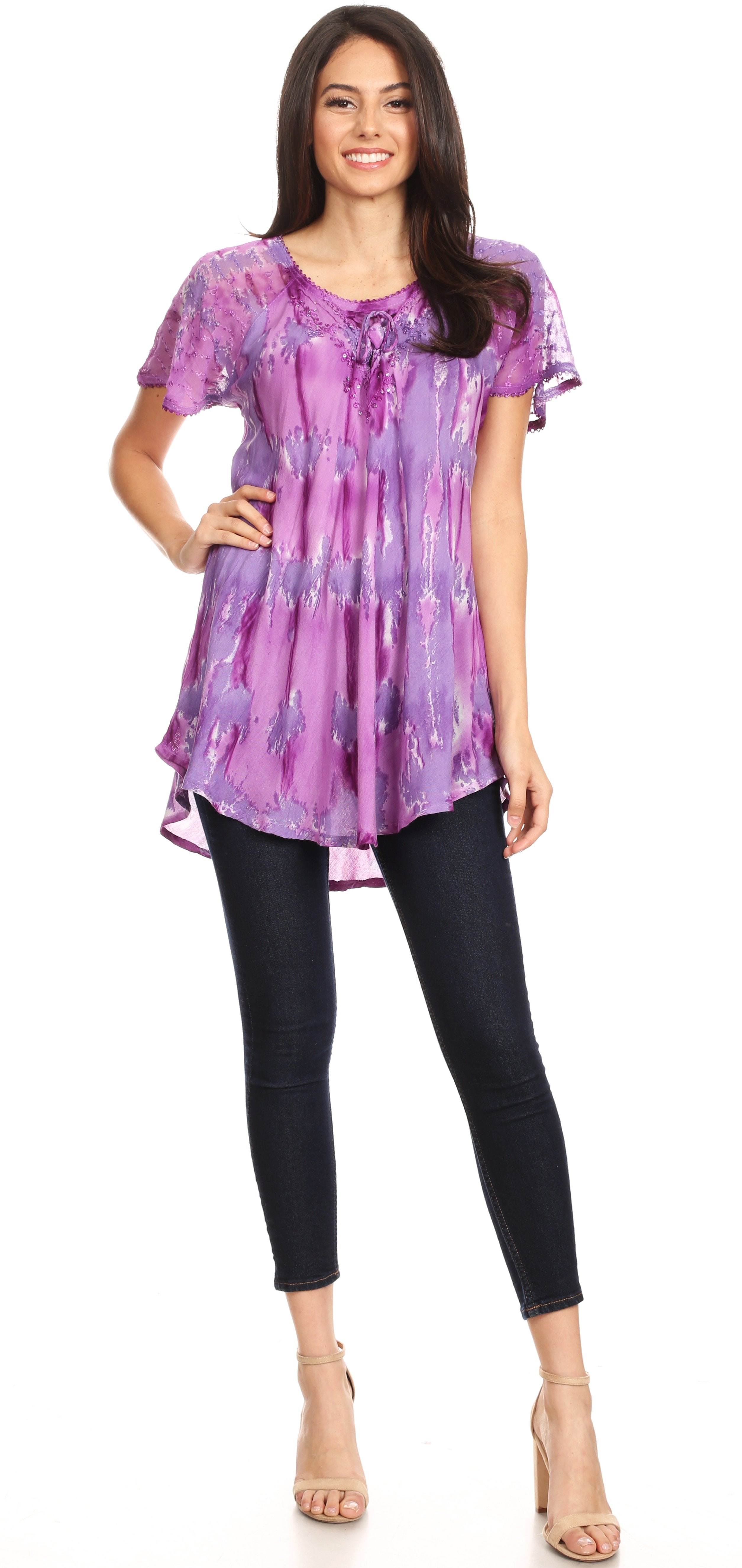 Sakkas - Allegra Short Sleeve Loose Fit Casual Tie Dye Blouse Tunic Shirt