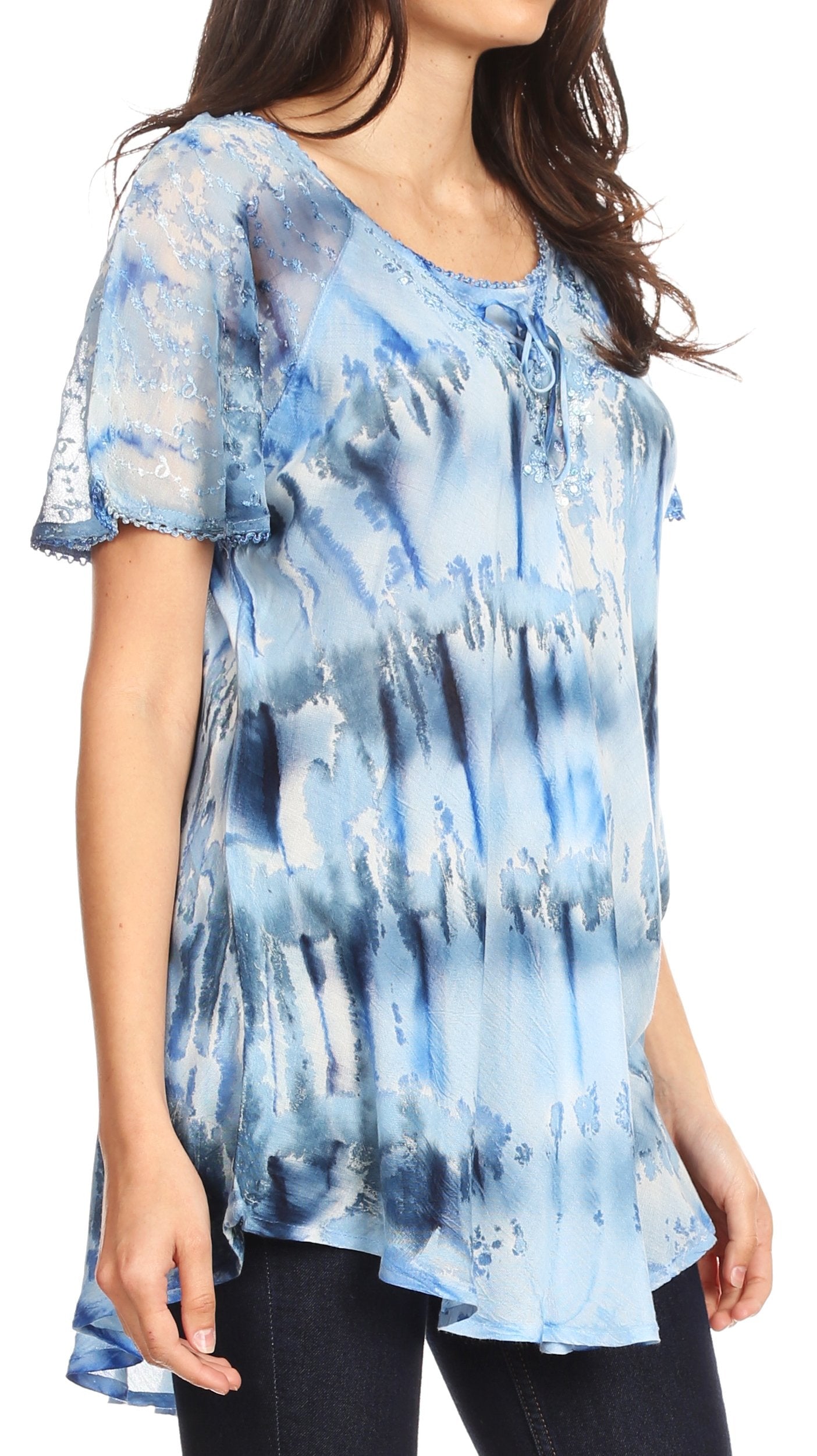 Sakkas - Allegra Short Sleeve Loose Fit Casual Tie Dye Blouse Tunic Shirt