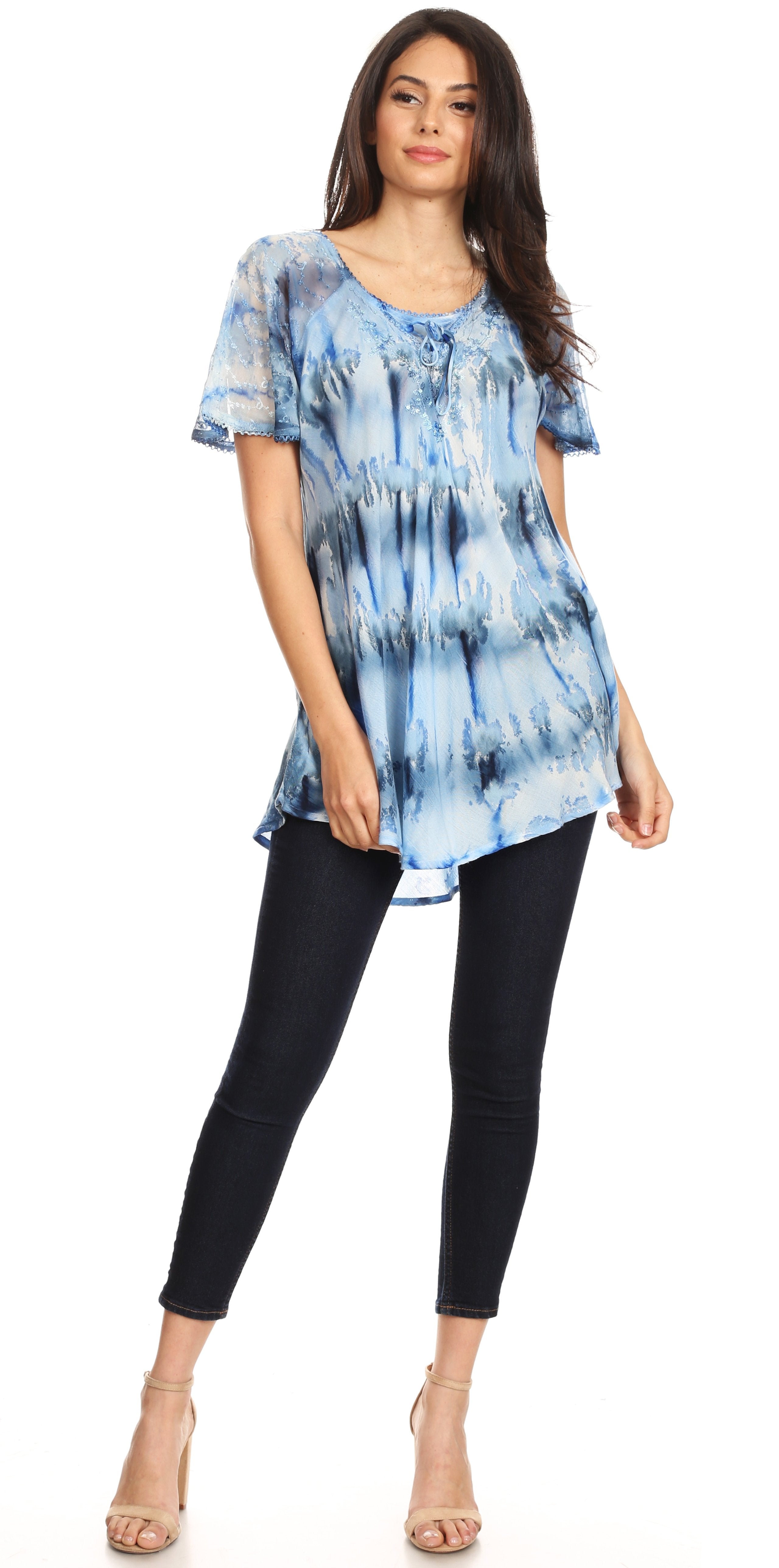 Sakkas - Allegra Short Sleeve Loose Fit Casual Tie Dye Blouse Tunic Shirt