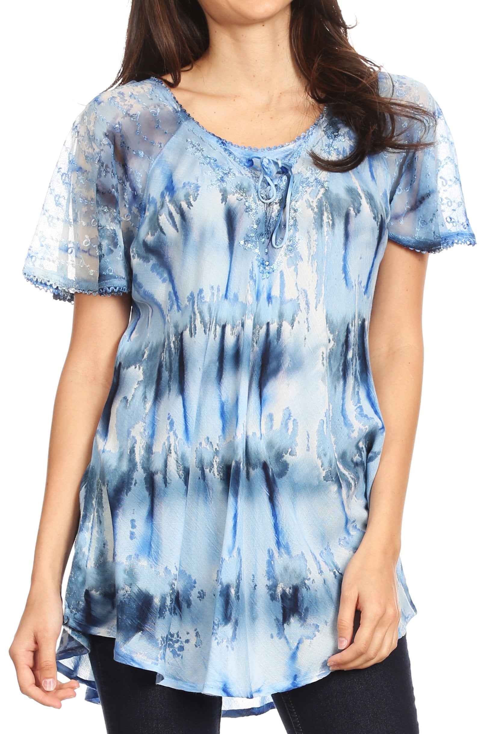 Sakkas - Allegra Short Sleeve Loose Fit Casual Tie Dye Blouse Tunic Shirt