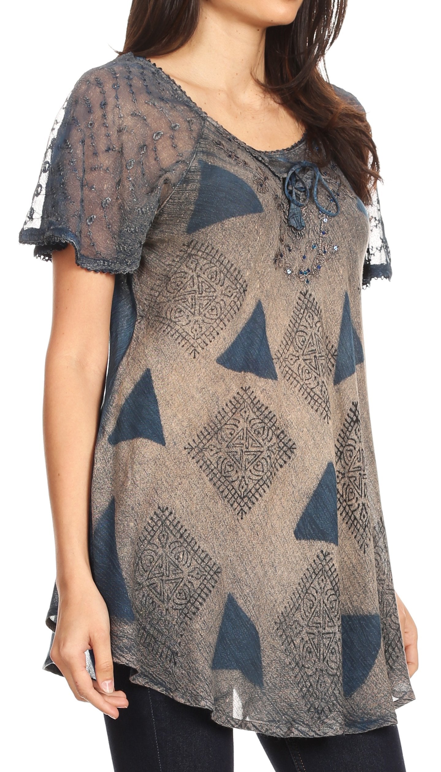 Sakkas - Allegra Short Sleeve Loose Fit Casual Tie Dye Blouse Tunic Shirt