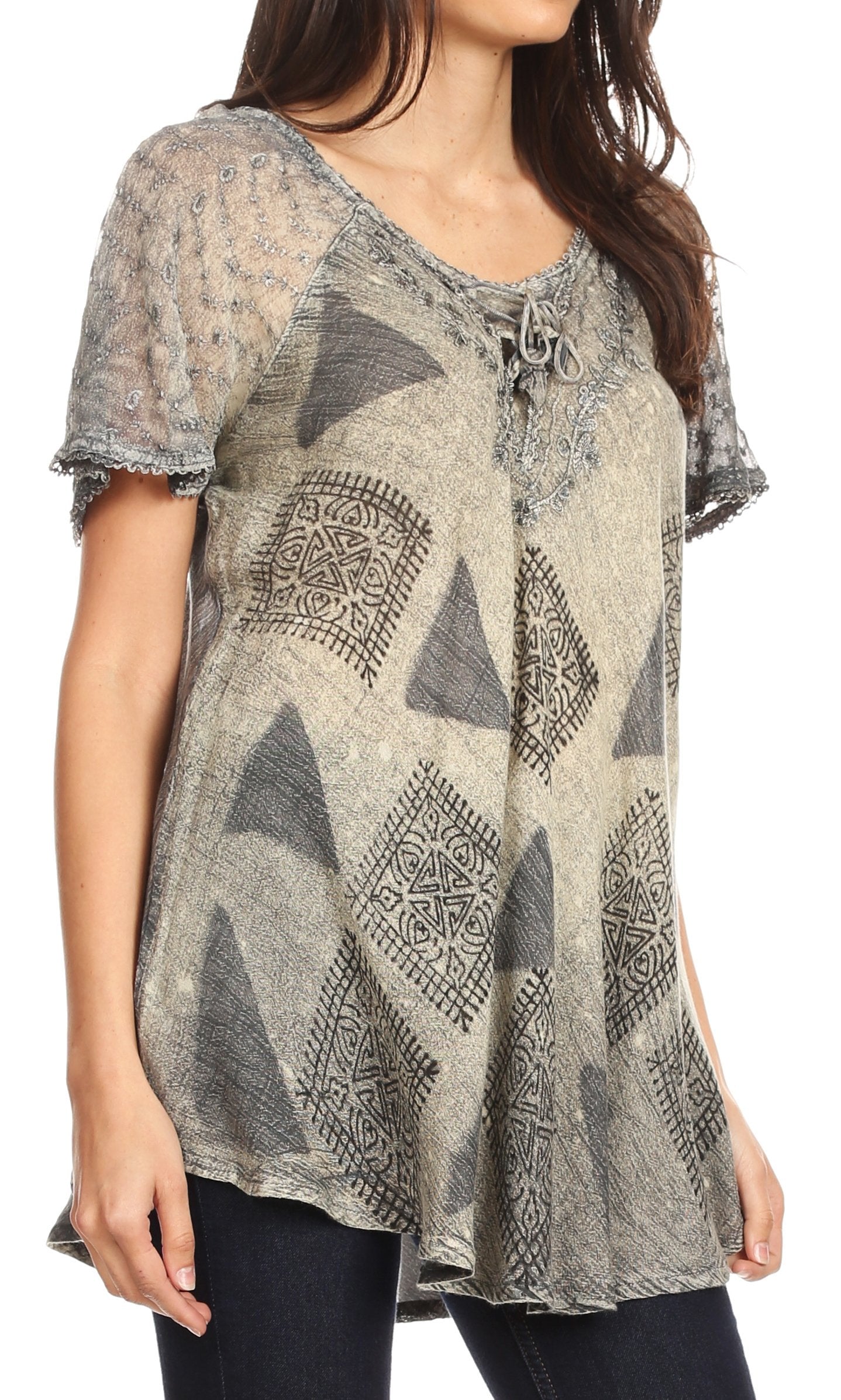 Sakkas - Allegra Short Sleeve Loose Fit Casual Tie Dye Blouse Tunic Shirt