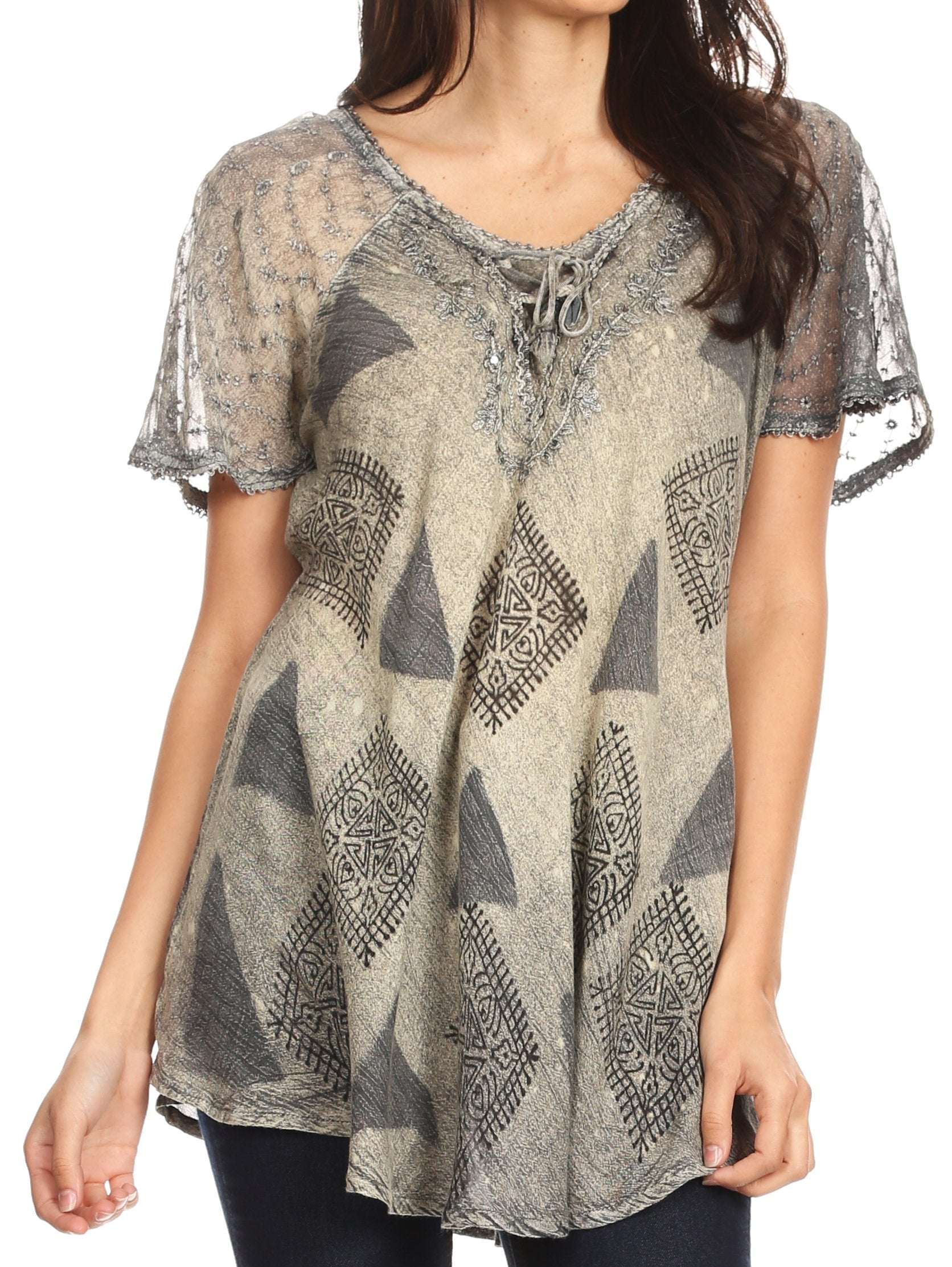 Sakkas - Allegra Short Sleeve Loose Fit Casual Tie Dye Blouse Tunic Shirt
