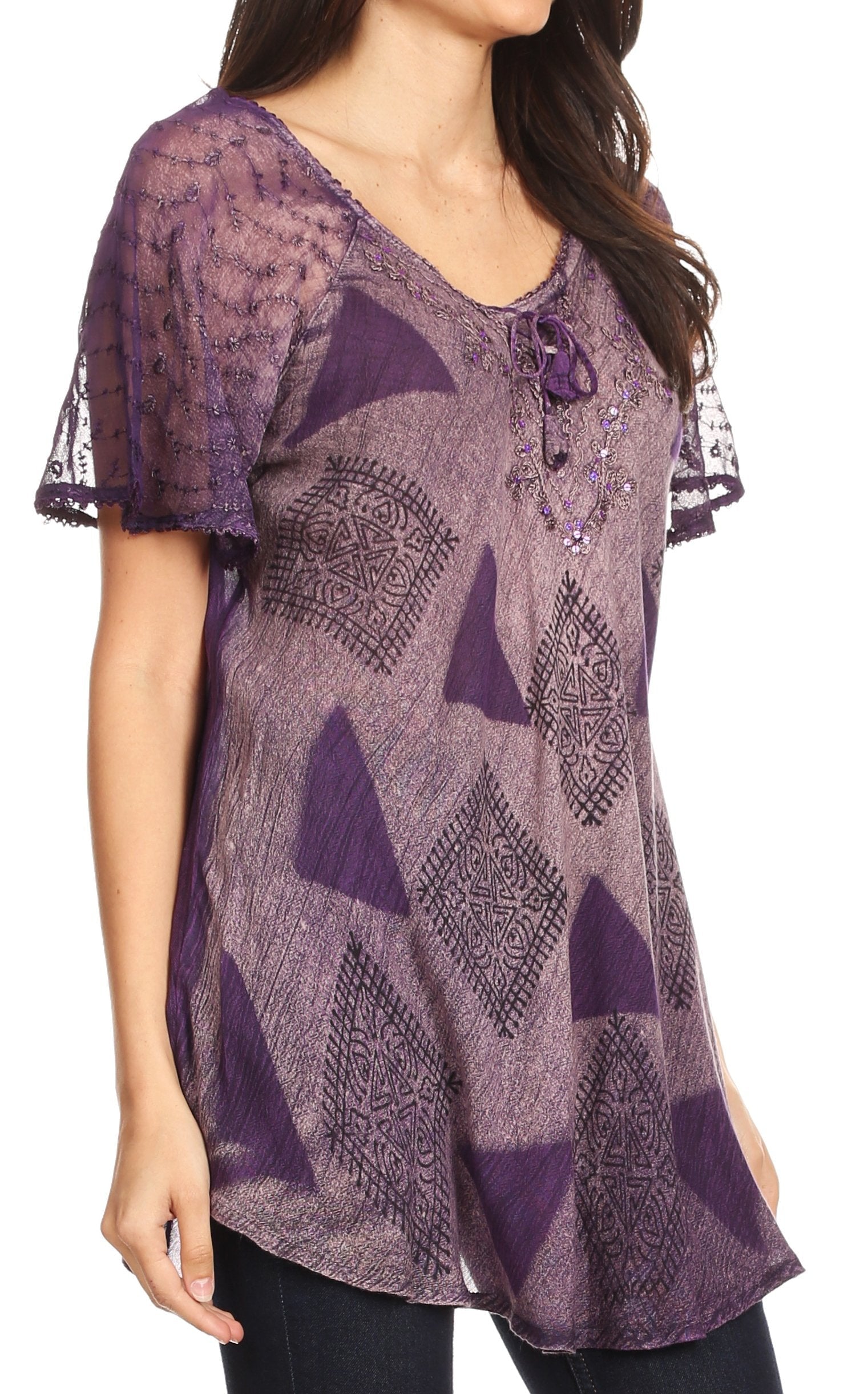 Sakkas - Allegra Short Sleeve Loose Fit Casual Tie Dye Blouse Tunic Shirt