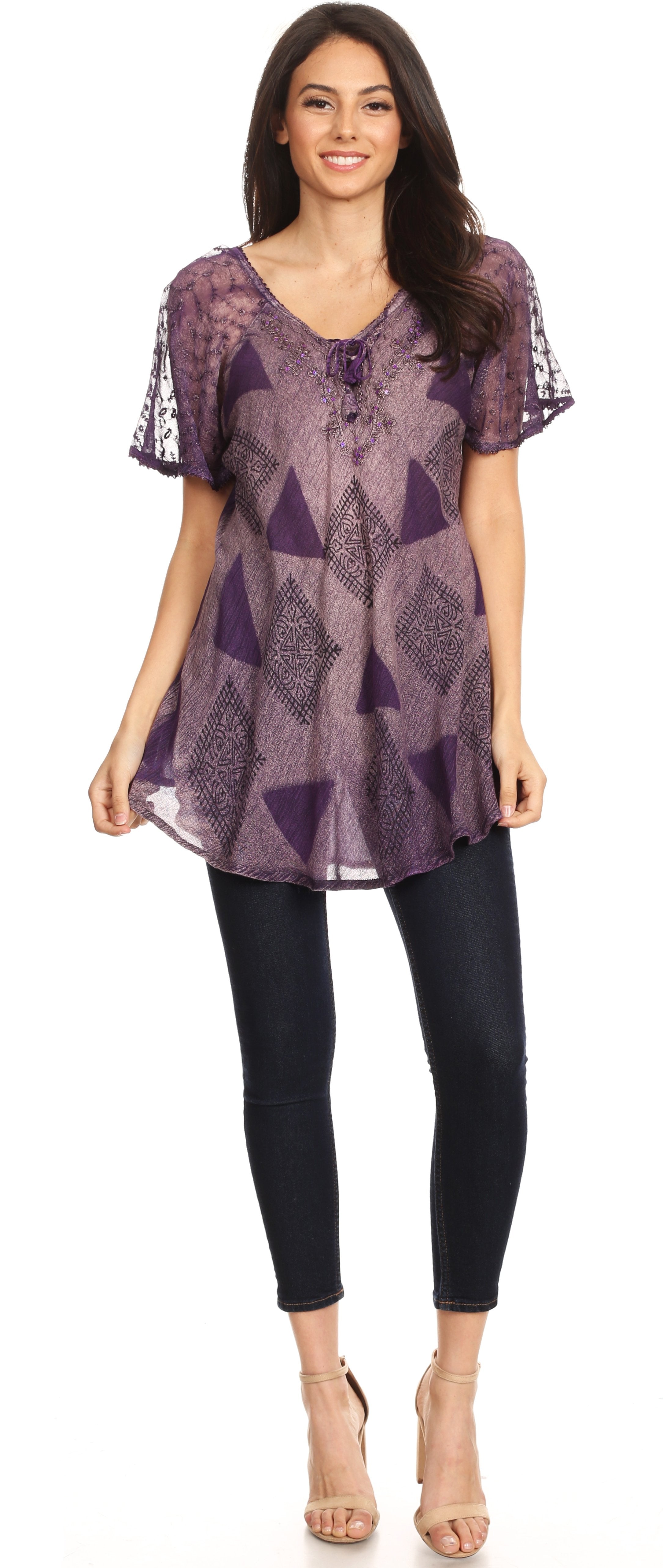 Sakkas - Allegra Short Sleeve Loose Fit Casual Tie Dye Blouse Tunic Shirt