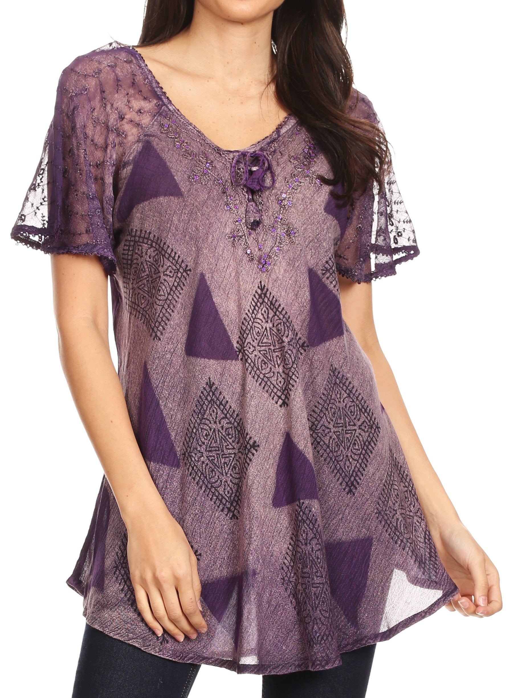 Sakkas - Allegra Short Sleeve Loose Fit Casual Tie Dye Blouse Tunic Shirt