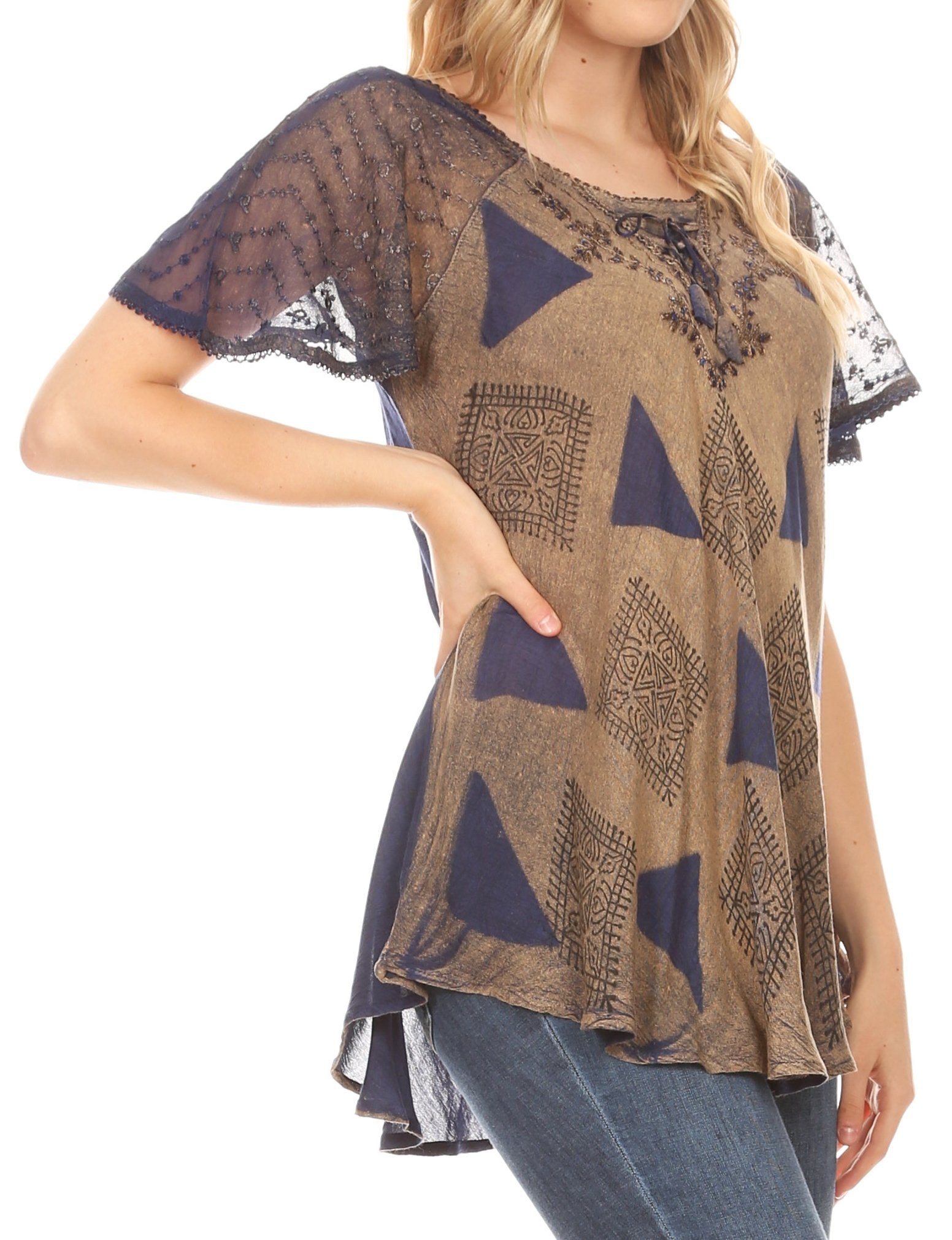 Sakkas - Allegra Short Sleeve Loose Fit Casual Tie Dye Blouse Tunic Shirt