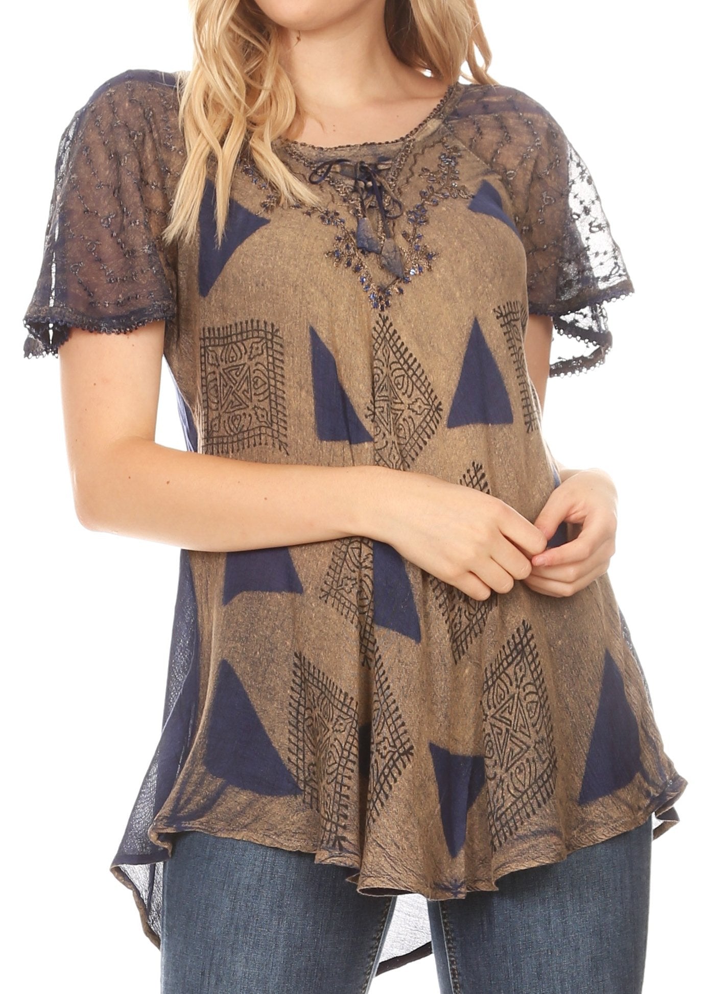 Sakkas - Allegra Short Sleeve Loose Fit Casual Tie Dye Blouse Tunic Shirt