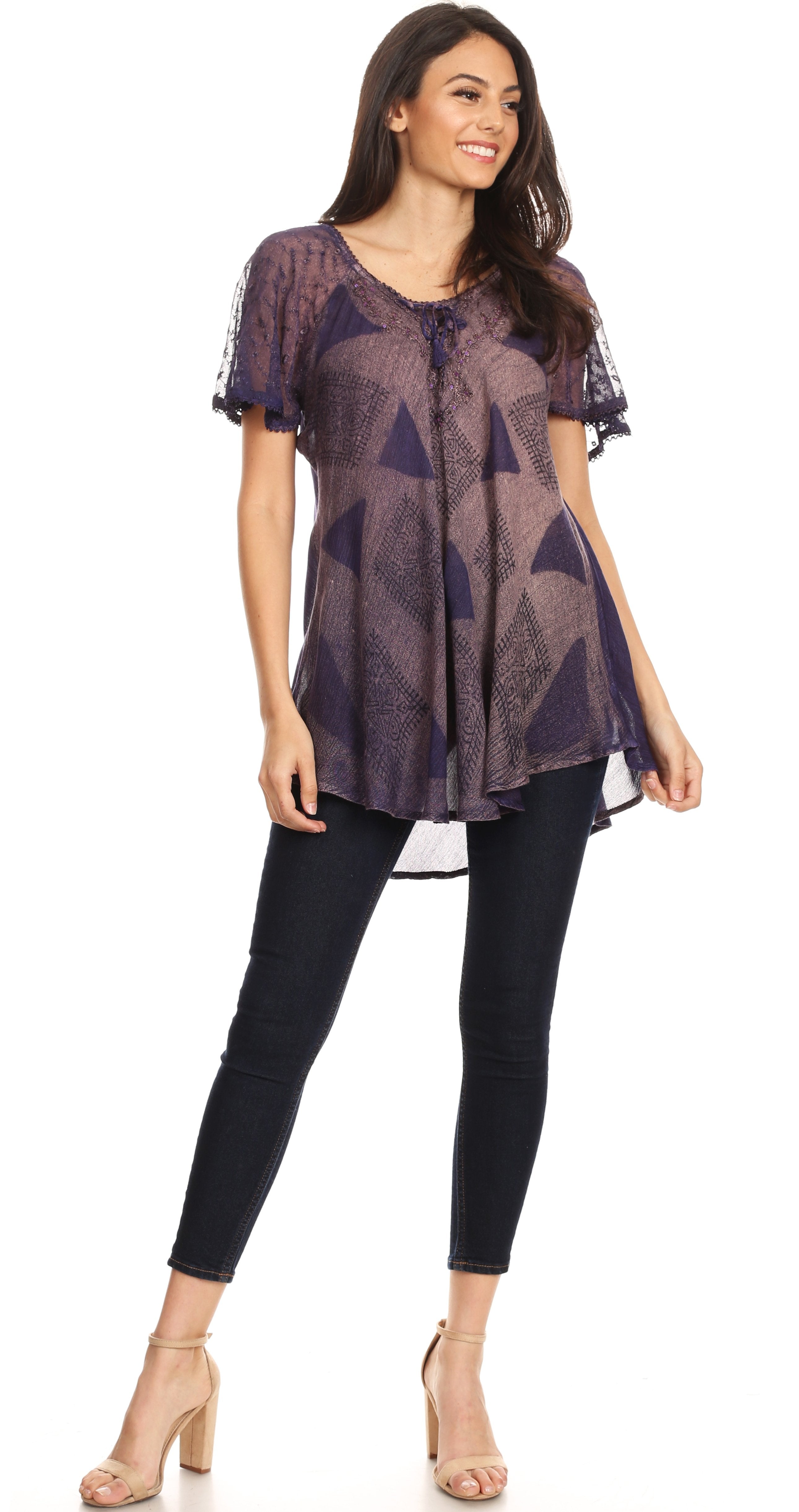 Sakkas - Allegra Short Sleeve Loose Fit Casual Tie Dye Blouse Tunic Shirt
