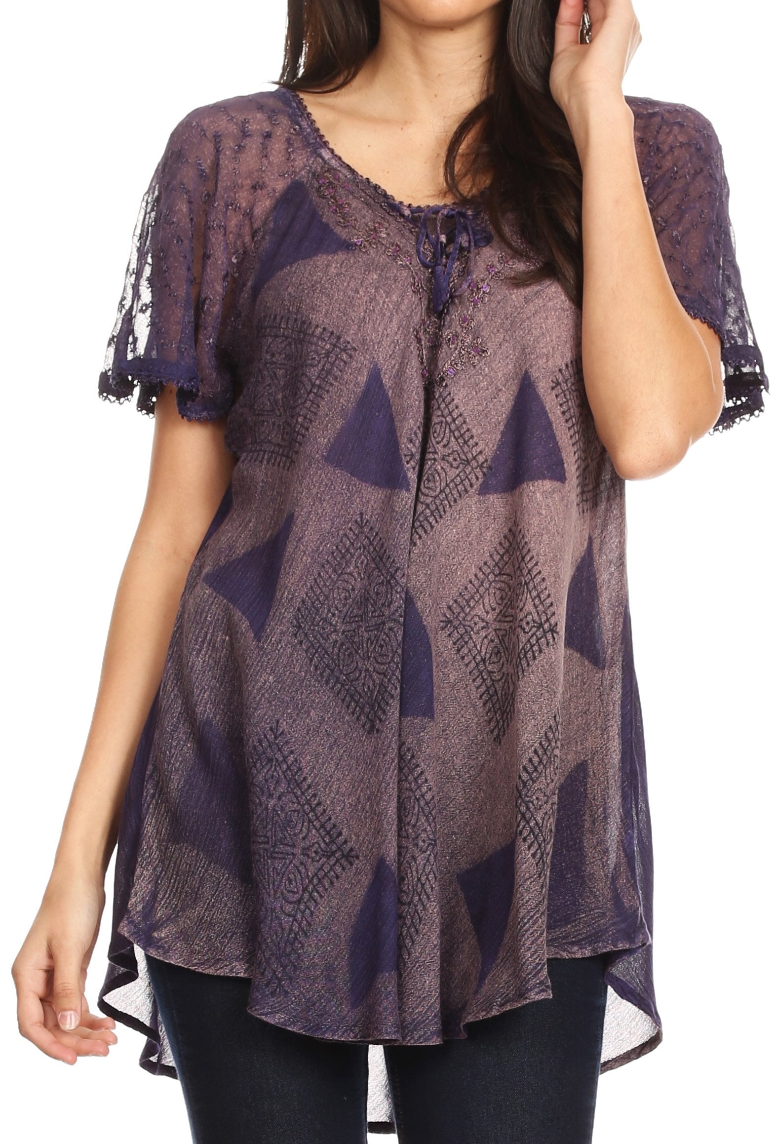 Sakkas - Allegra Short Sleeve Loose Fit Casual Tie Dye Blouse Tunic Shirt