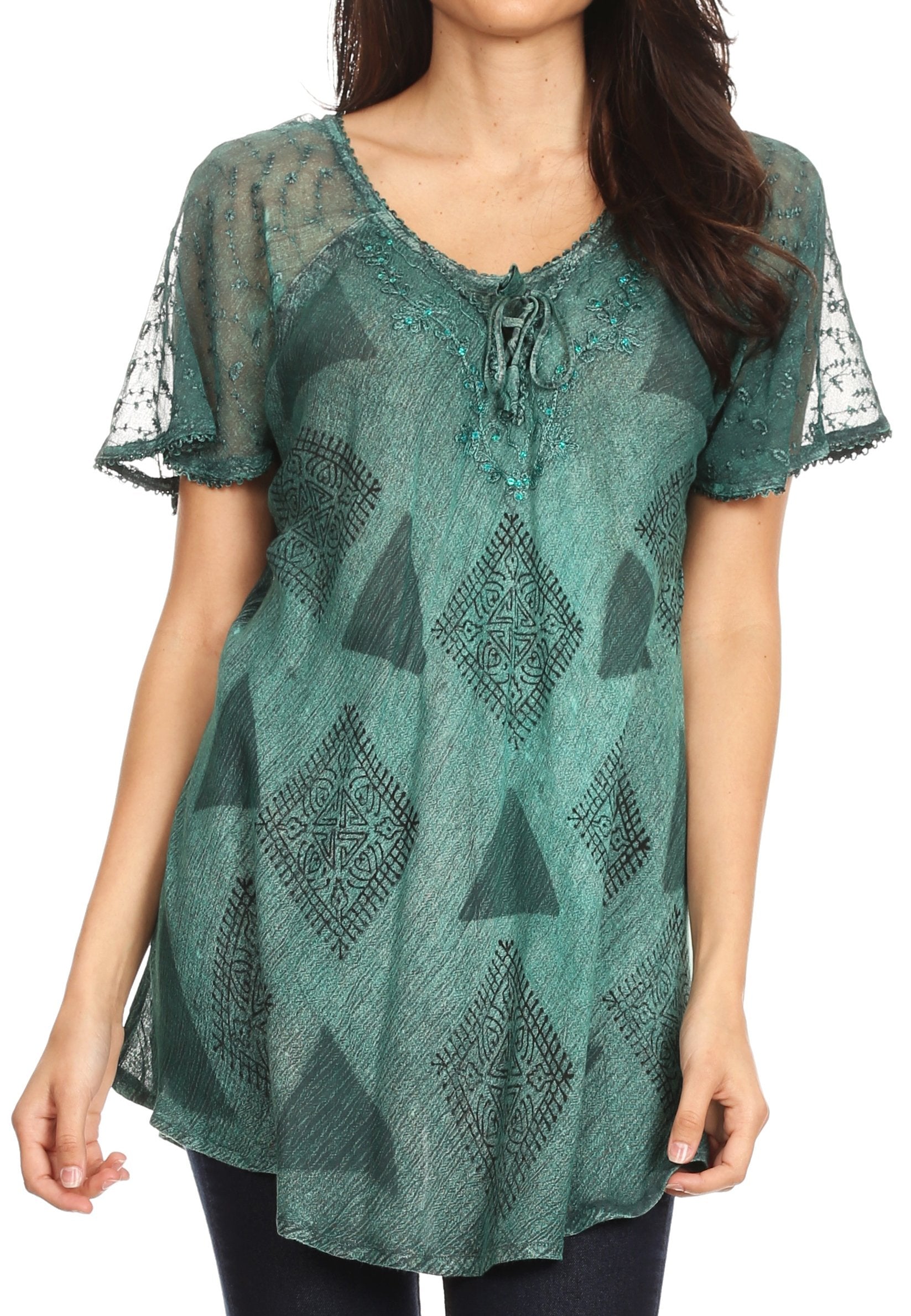 Sakkas - Allegra Short Sleeve Loose Fit Casual Tie Dye Blouse Tunic Shirt
