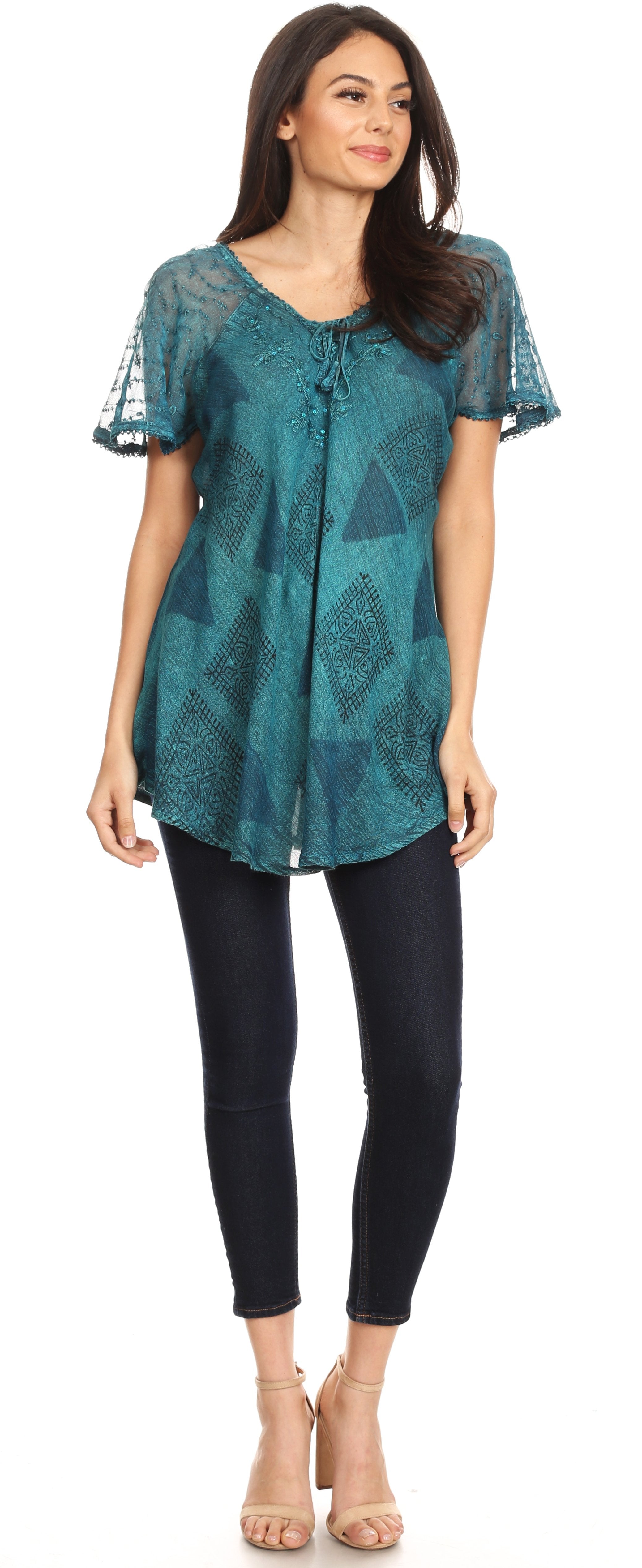 Sakkas - Allegra Short Sleeve Loose Fit Casual Tie Dye Blouse Tunic Shirt