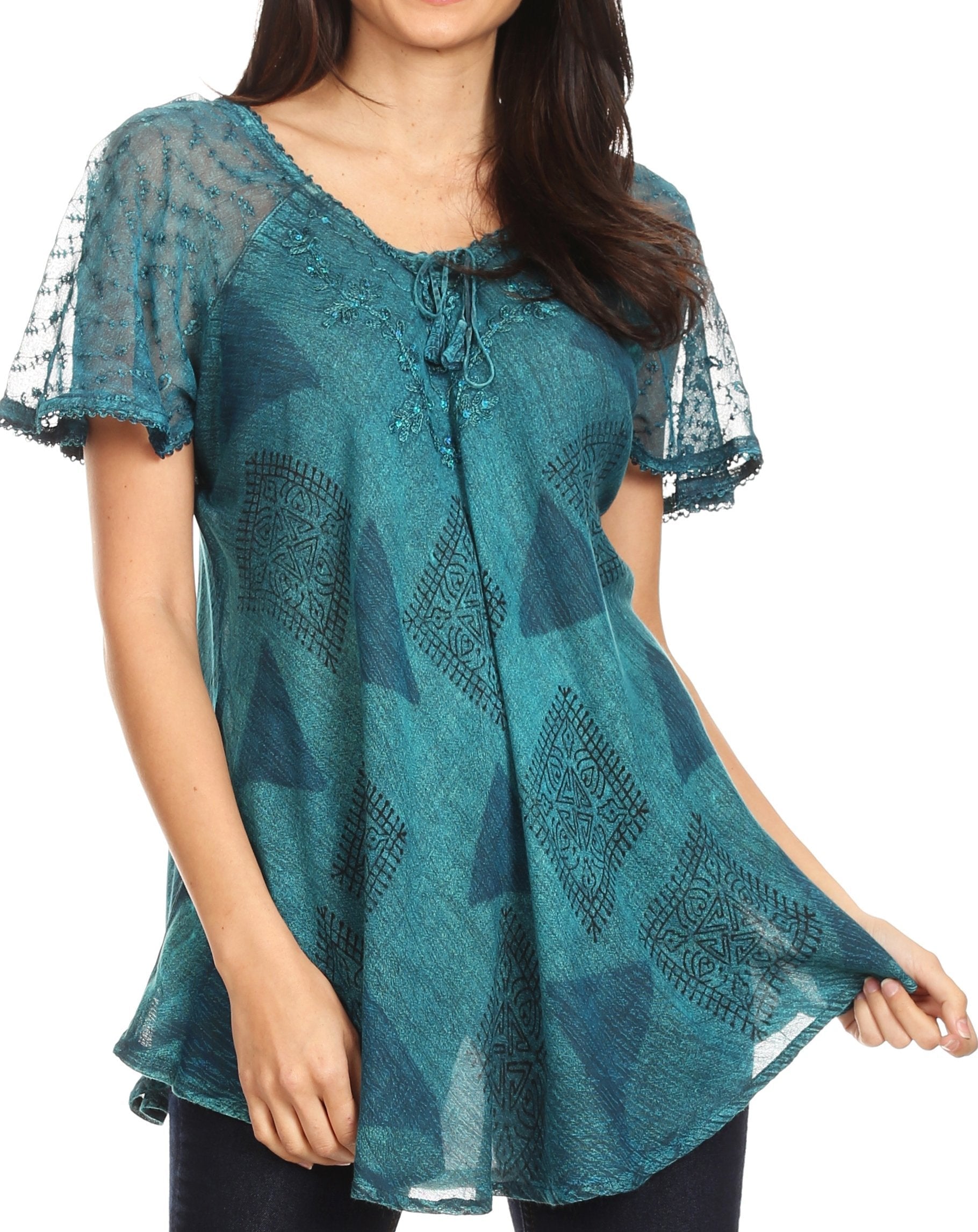 Sakkas - Allegra Short Sleeve Loose Fit Casual Tie Dye Blouse Tunic Shirt