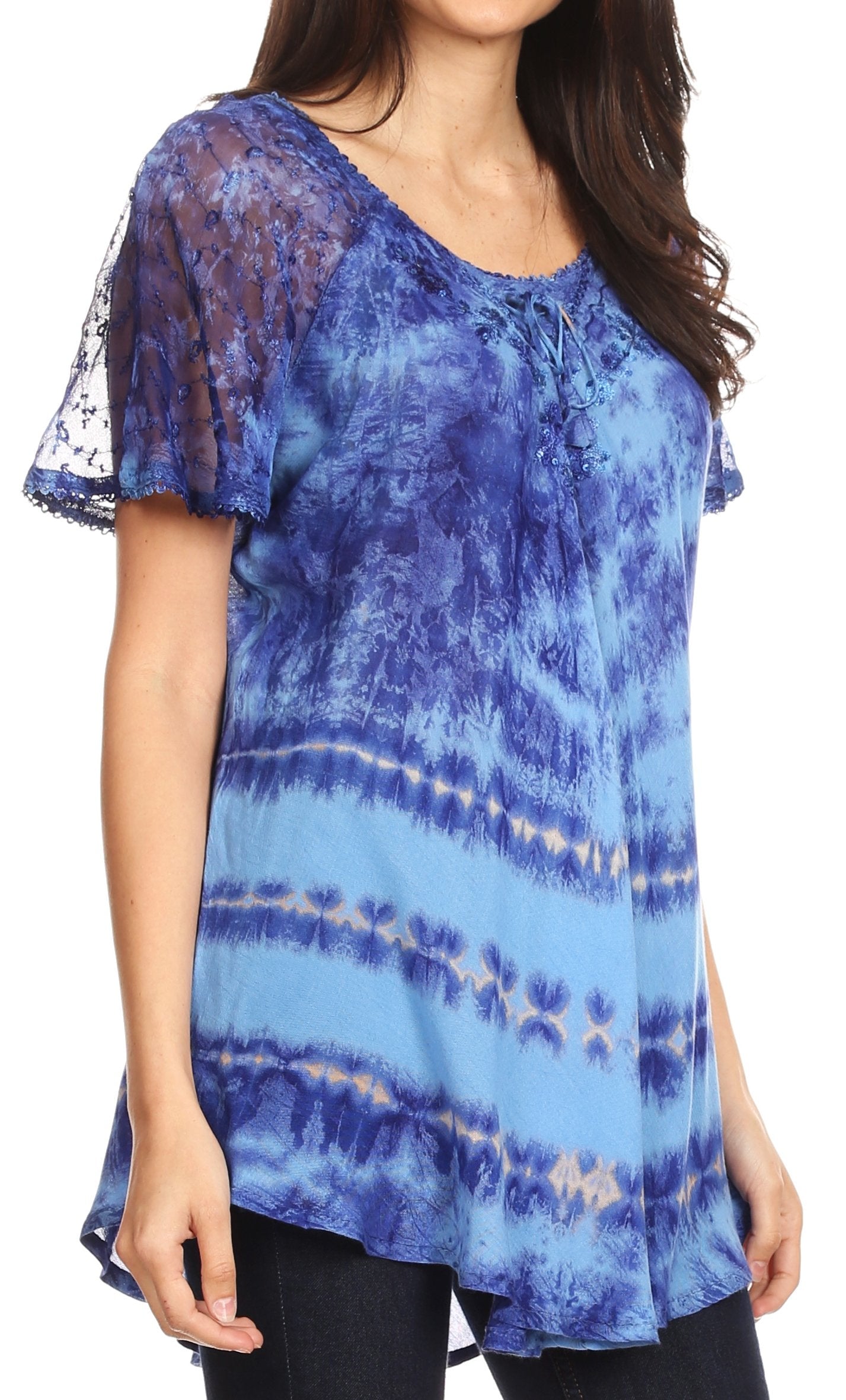 Sakkas - Allegra Short Sleeve Loose Fit Casual Tie Dye Blouse Tunic Shirt