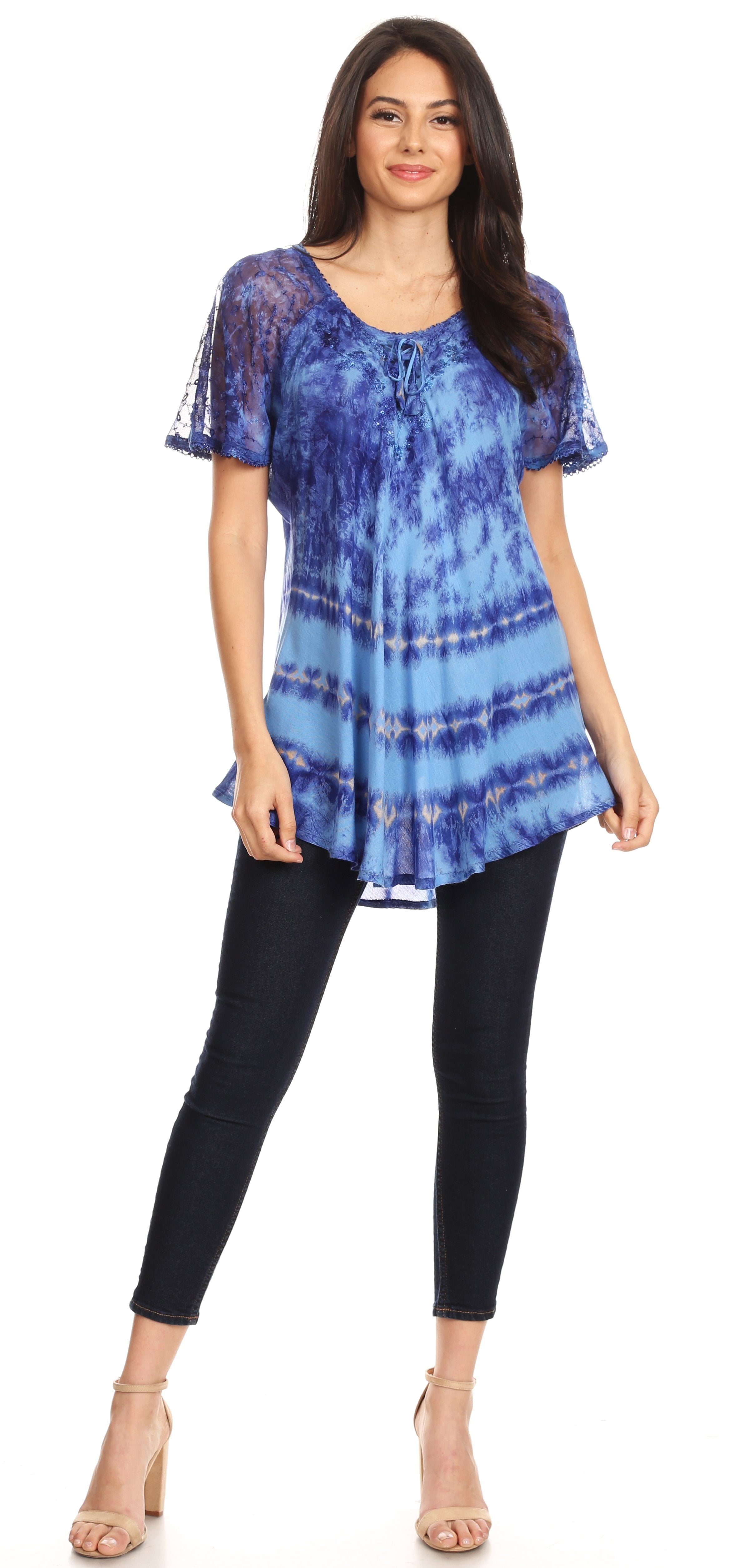 Sakkas - Allegra Short Sleeve Loose Fit Casual Tie Dye Blouse Tunic Shirt